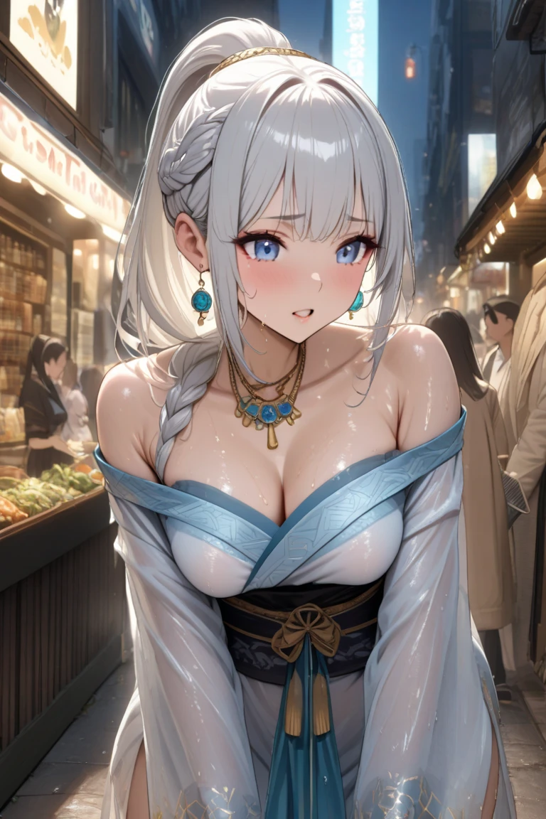 (((masterpiece, best quality))), (((superior quality))), cute girl, ((extremely detailed girl)), ((huge breasts)), yukata, bare shoulders, strapless top, long silver hair, happy