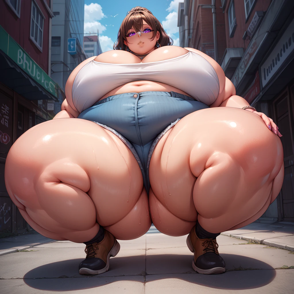 Enormous bloated pregnant belly, huge breast, huge butt, white bra, pooping