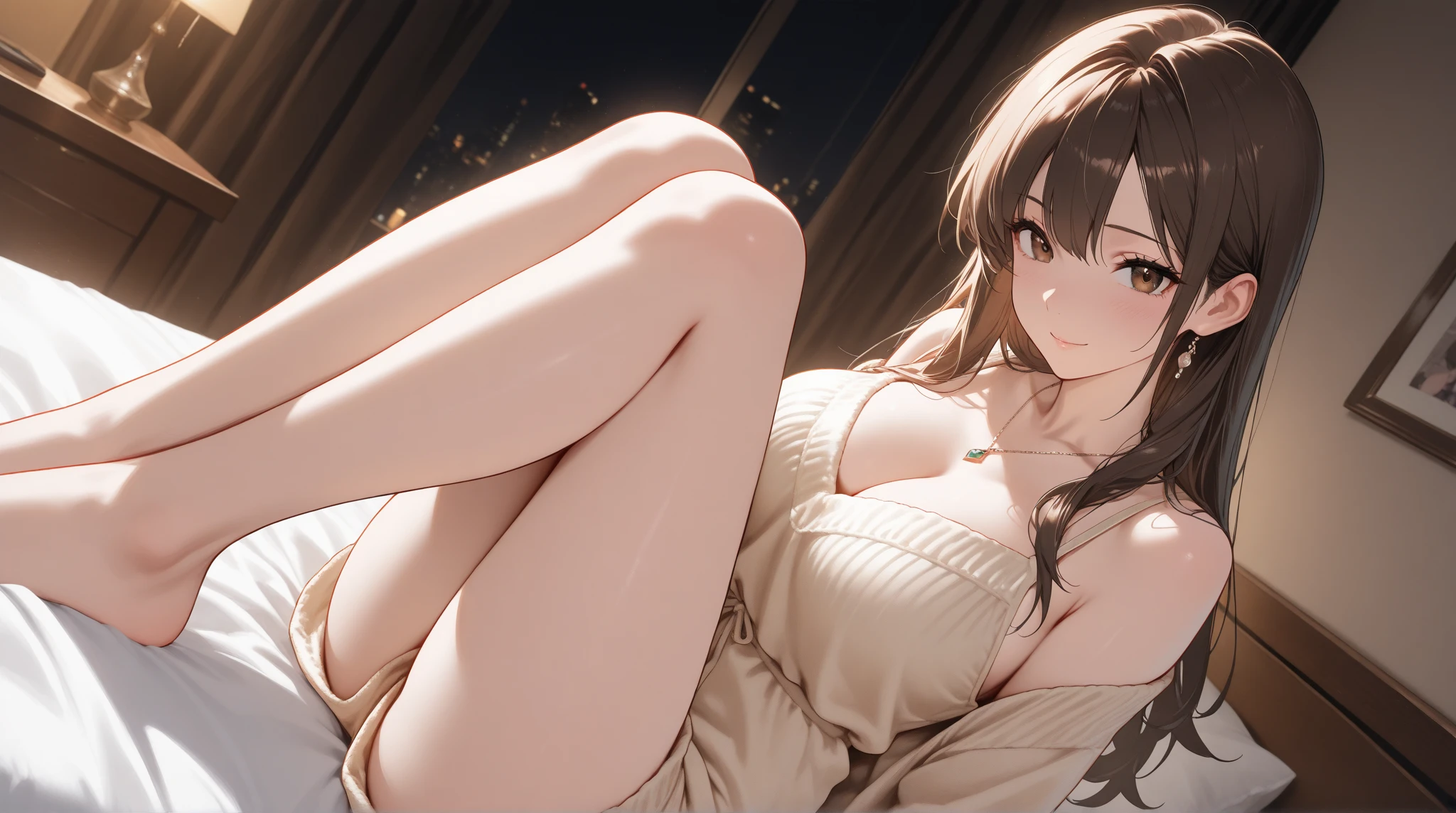 (masterpiece:1.2, highest quality), (realistic, photorealistic:1.4), beautiful illustrations, looking at the viewer, whole body, Side view:0.6, 1 girl, Japanese, high school girl, (long hair:1.5), blown hair, (half up, half updo), bangs, hair between eyes, big breasts:0.8, beautiful hair, beautiful face, beautiful and detailed eyes, beautiful clavicle, beautiful body, beautiful breasts, beautiful thighs, beautiful feet, beautiful fingers, (beautiful scenery), , on the bed in the bedroom, ((Short sleeve shirt with collar, Short shirt, pajama uniform, nightgown skirt, )), white panties, (Lying, , lift the skirt, put your hand on your chest), blush, ,