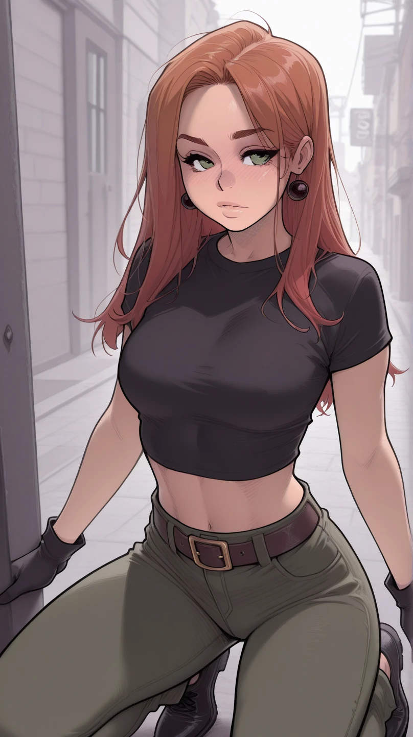 brigitte overwatch , thighs, full body, black high heels, nude tits, sitting, blue jeans pants, wide hips, medium tits