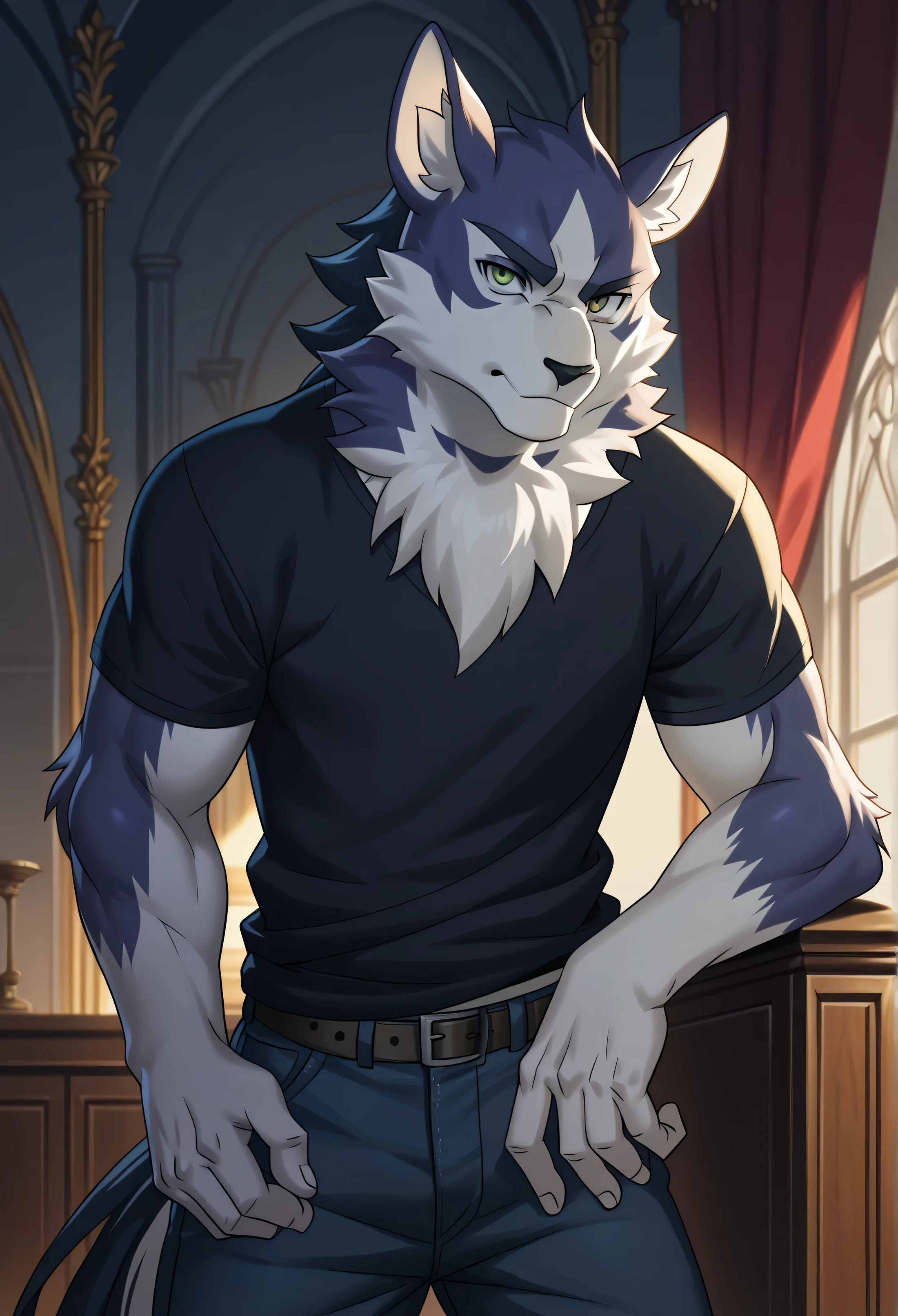 Shirou Ogami (BNA) [Pony & Illustrious], solo , detailed face, anthro body, male, adult, muscular, cartoon shading, cel shaded:1.0, flat colors, (no background, white background):1.5, shirtless, wfa style, cartoony anatomy, above waist, looking at viewer, posing, 