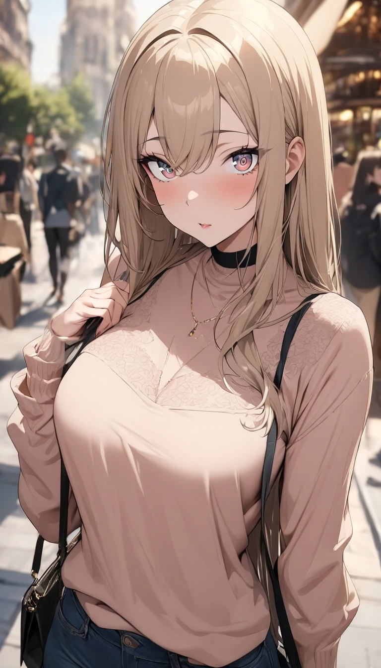best quality, 32k, RAW photo, incredibly absurdres, extremely detailed, delicate texture, beautiful and cute lady, amorous and lewd expression, wearing crop top, large breasts, perfect body line, light brown glossy hair