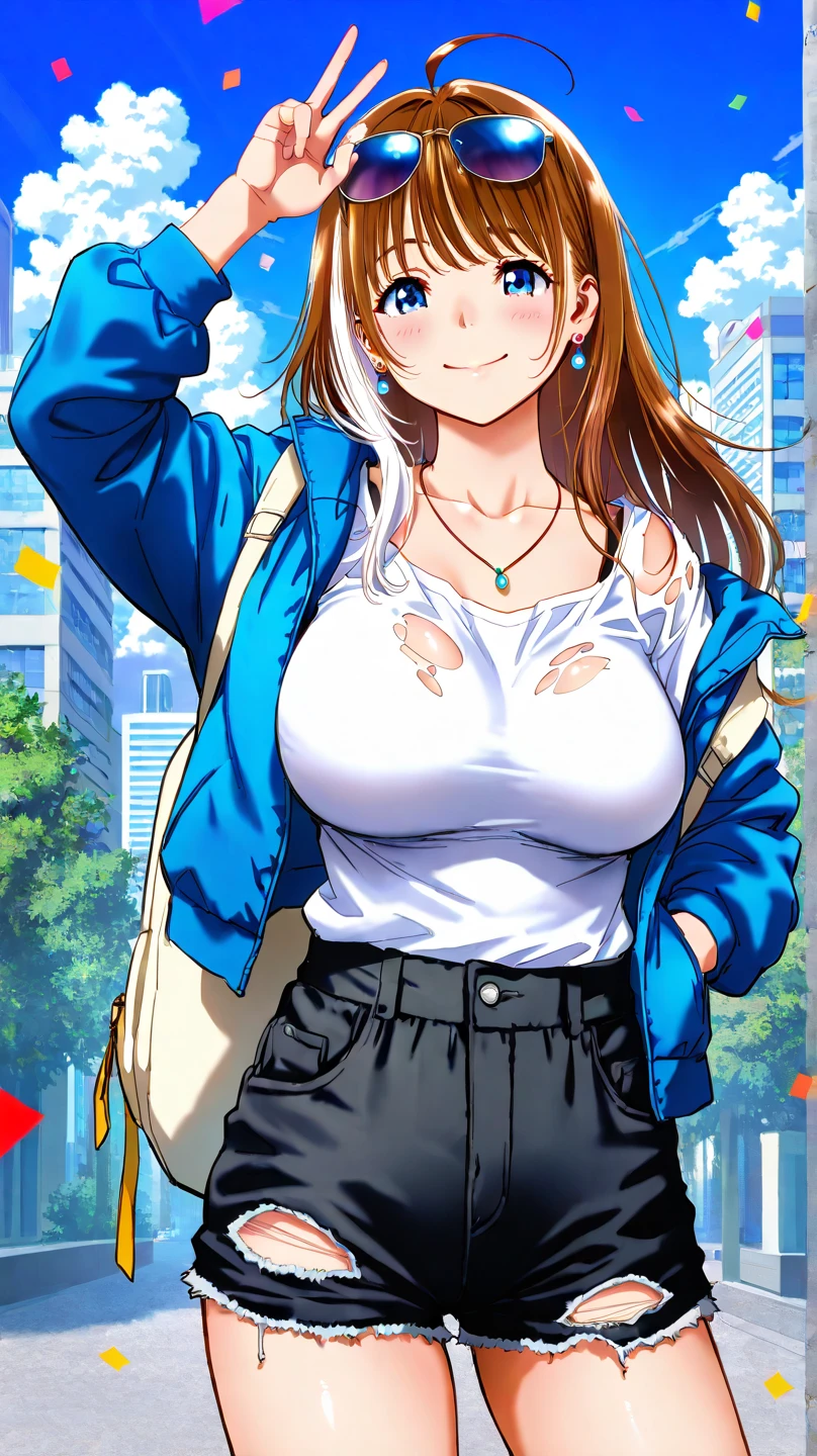Asuna ba, Mirando al espectador, senos grandes, cinta, Cabello largo, brown light hair, They are smiling, bolsa, Bragas blancas, ass visible through thighs, Pelo sobre un ojo, falda plisada, Camisa blanca, halo, solamente, ropa interior, ojos azules, 1girl, bragas, camisa, sonrojarse, Mochila escolar, fondo blanco, falda, Fondo simple, Uniforme escolar, sonrisa, desde abajo