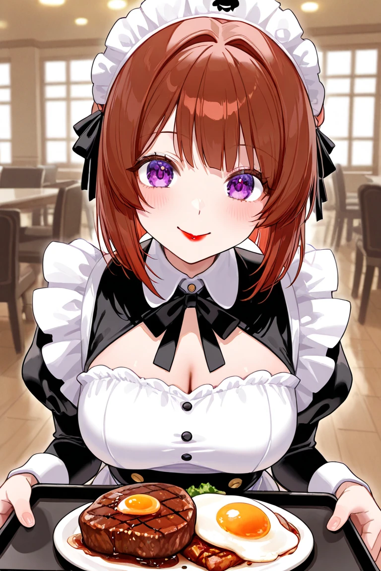 ((8Kmasterpiece,highest quality)), ultra high resolution, (masterpiece: 1.4), hyper detail, (((1 girl))),cute,perfect anatomy,(young face),beautiful and delicate eyes,purple eyes,Big eyes,shining eyes of light,thin and long eyelashes,(very white skin),(Glossy skin),detailed light,beautiful face,((brown hair)),((Side tail)),blush,shy smile,(open your mouth),big breasts, slender body,Maid Cafe Clerk,Inside the store with a pink atmosphere,cake, looking at the viewer