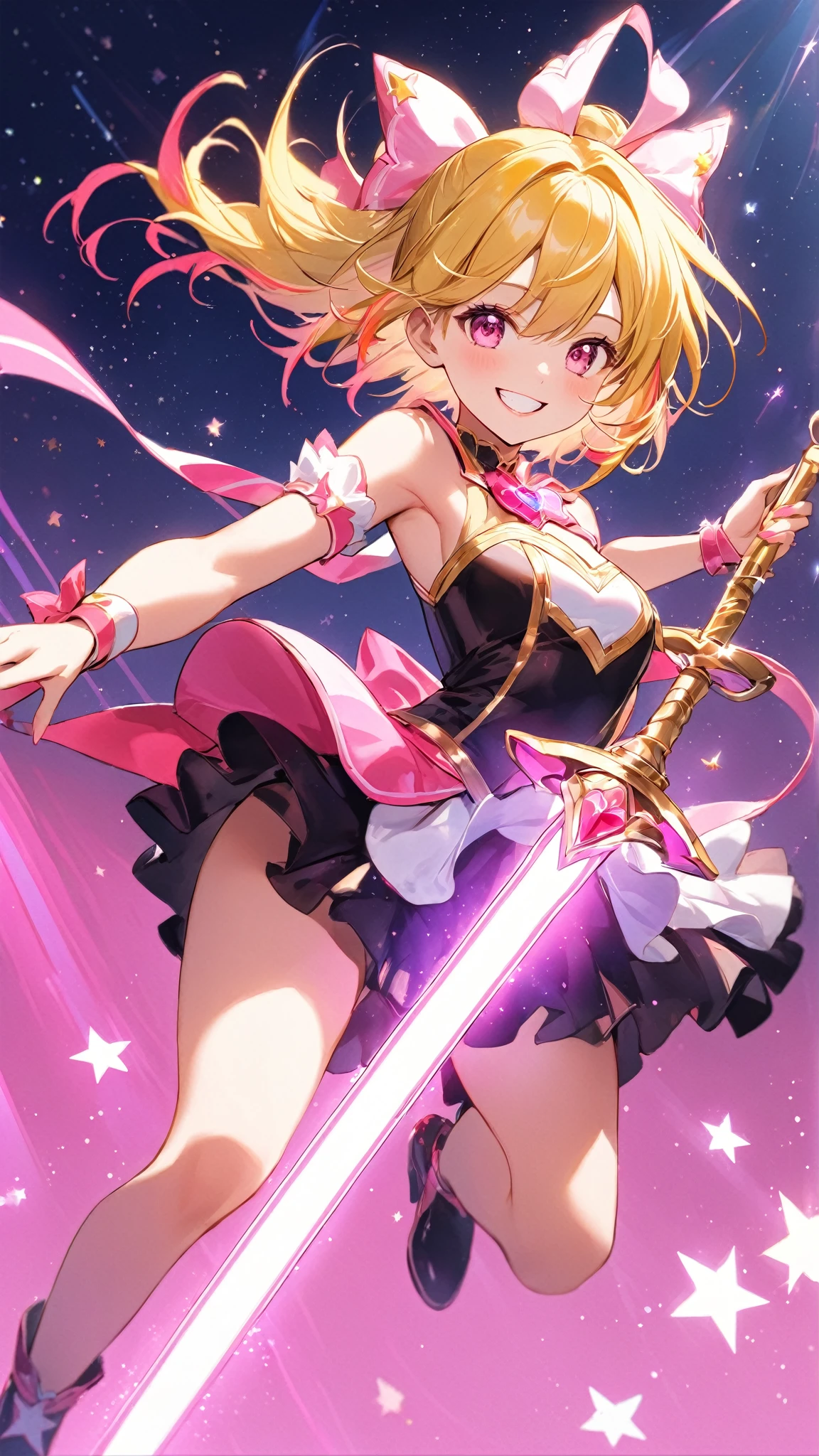 (masterpiece:1.3) , (best quality:1.3) , (ultra-detailed:1.3) (best illustration, perfect anatomy:1.4)
BREAK, female , , (flat breasts:1.2),short stature,
short hair, (two side up), apricot hair, pink ribbon,
lime green eyes, baby face, slant eyes, big eyes, 8 years old, (smile:1.3),
BREAK, very cute, kawaii, magical girl, (white tights, white stockings, white elbow gloves), (highleg yellow bodysuit, bare shoulder, short skirt, frill skirts, white corset, holding, rapier, holding rapier),
BREAK, fighting stance, night sky