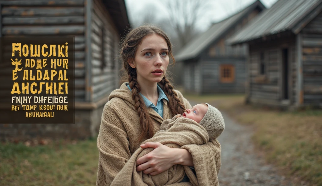 England, 1337. A young ((((19-year-old)) Gwenda)), strong, rustic, freckles all over her face, holding a newborn baby, ((tired expression)). ((((clothings from the 1300s)))), ((blond hairstyle of the 1300s))
