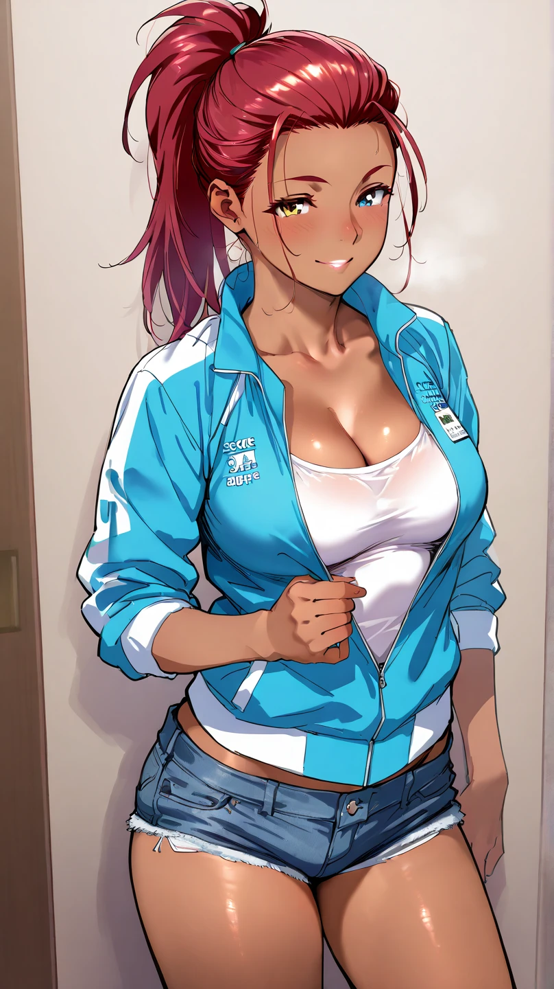 score_9, score_8_up, score_7_up, score_6_up, score_5_up, score_4_up, source_anime
, 1girl, Mona (genshin_impact), genshin_impact, medium breasts, collarbone, breasts focus, floox style, \\\\\ jacket,, open clothes, blue jacket, blue track suit,, sportswear, standing, track jacket, blue track pants, track suit, \\\\\ steam, steaming body, sweat,, rating_explicit, high resolution, deep breath, head out of frame, grey background, solo, nipple slip, waist-length dark purple hair that turns slightly red at the ends, shy, blush, gold earring that resembles a compass rose on her left ear