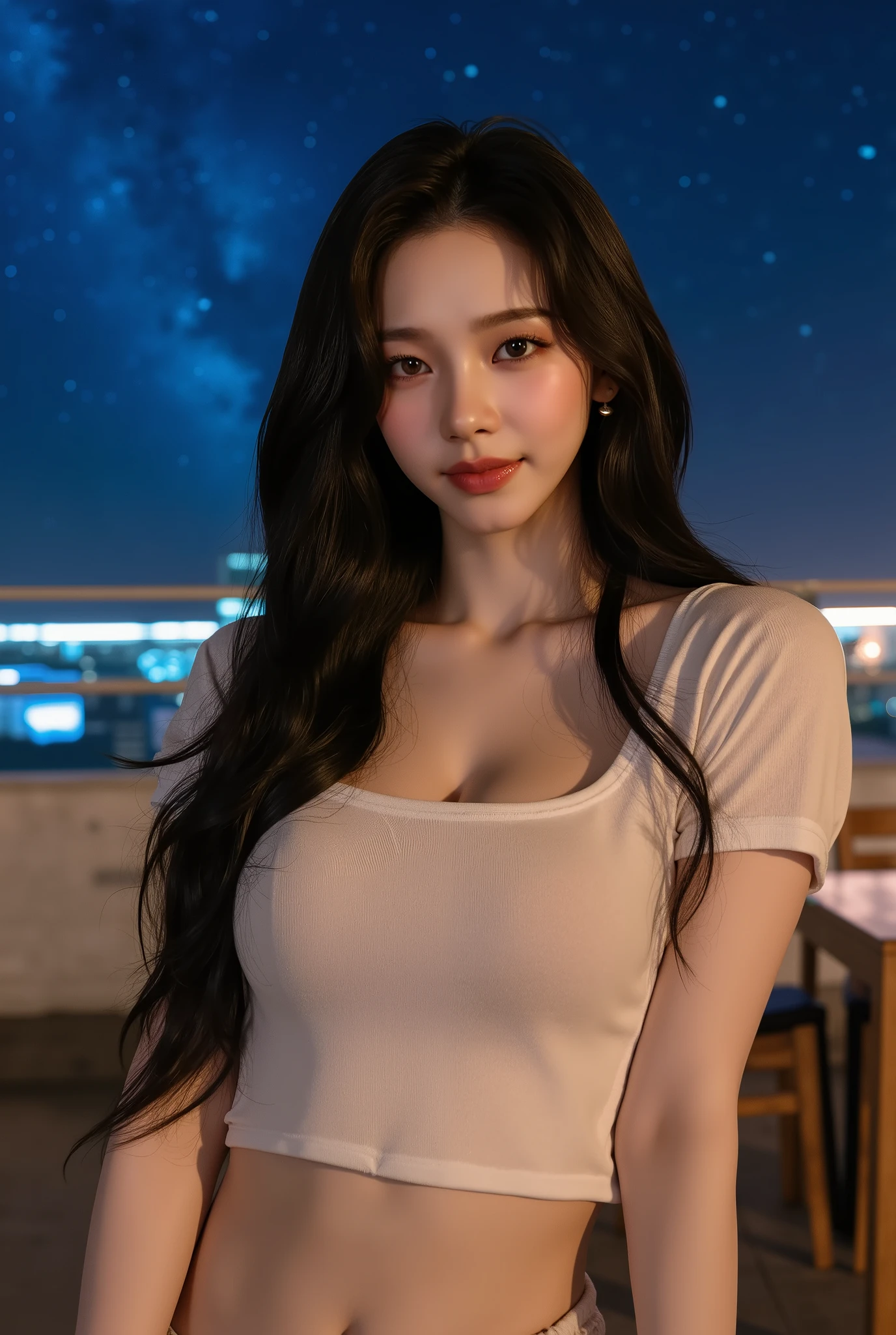 hold a beer mug、While feeling the night breeze、on a balcony、huge boobs、black clothes、