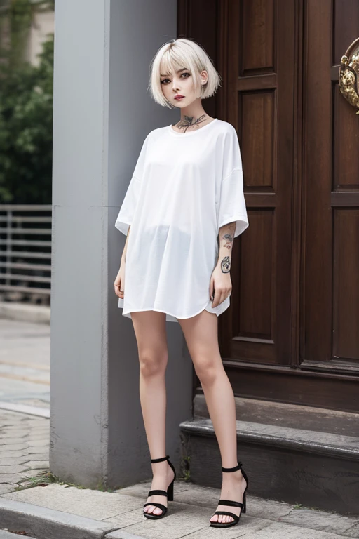 1 girl, Beautiful vintage color, watching viewer (Bright long white oversized t-shirt (plain color), instagram (Photorealistic, High Resolution: 1.4), ((green colored eyes)), full - body (8K, RAW photo, Best Quality, Masterpiece: 1.2), (Realistic, Photorealistic): 1.37), (soft focus: 1.2), Professional lighting, Photon mapping, radiosity, physically based rendering, (White Skin Skin: 1.2), (Small: 1.2), viewer's gaze, (Medium Hair: 1.5), Portrait, Purple eye, (light-blue hair: 1.2), Bangs, (Simple background: 1.4), 独奏, upper-body, Realistic, (Masterpiece: 1.4), (Best Quality: 1.4), (glossy skin), fashionable woman, makeup, Smile (Skinny, mouth closed, Shy: 1.3), (Standing, Plain long white oversized t-shirt and black miniskirt), Medium bust, Front pillar, Hands folded behind his back, White wall background, No need to draw on a T-shirt,