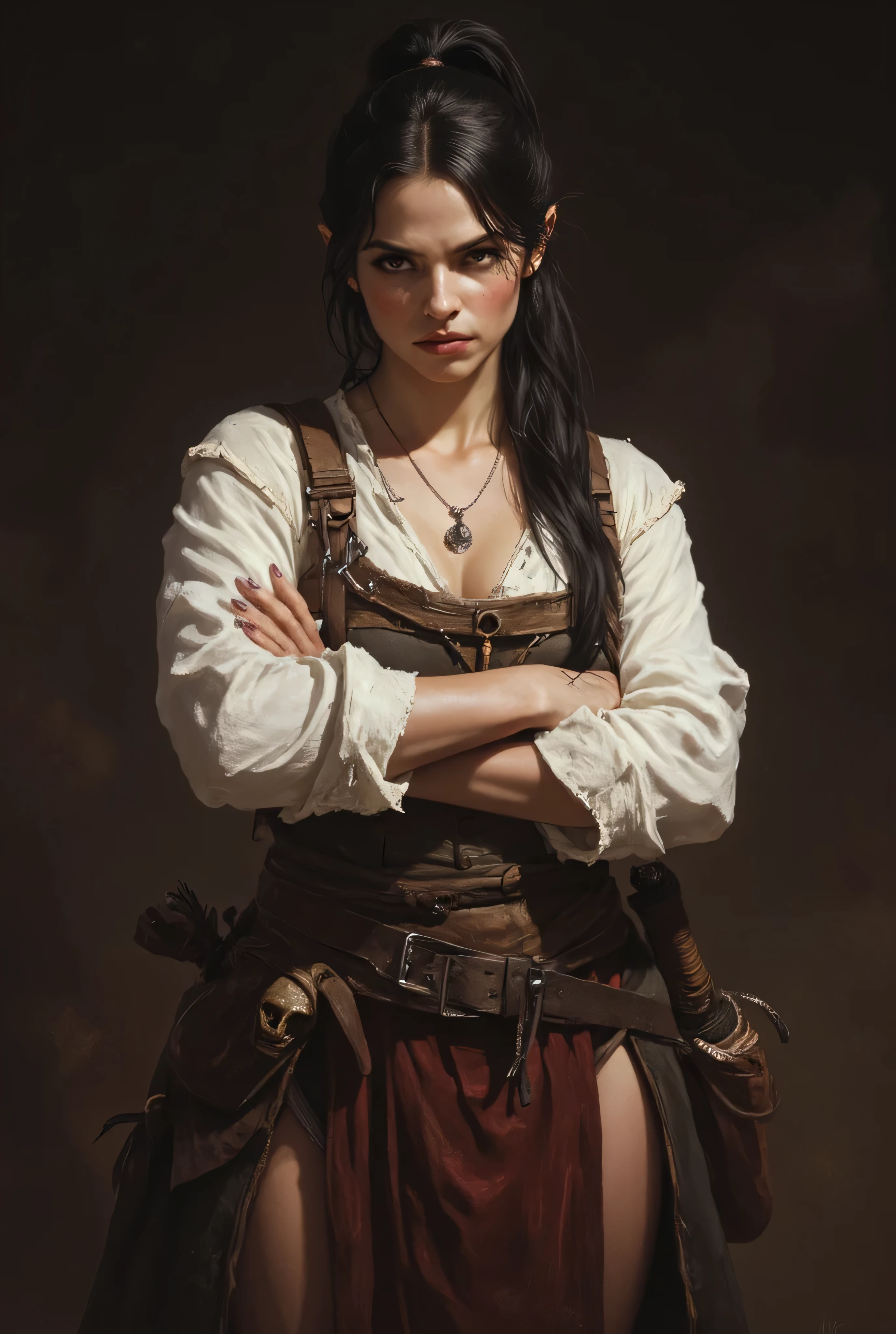 (1female, a young female, housewife, sexy lean body, medieval male pheasant, black ponytail hairstyle, serious expression, wear humble skimpy medieval housewive cloths, white shirt, arm crossed in front the chest, standing, dynamic pose), perfect proportions, digital painting, character concept, anthr0dnd, Gul'dan, 8K, photorealistic, masterpiece ,ultra-detailed ,vivid colors, dramatic lighting, moody atmosphere, cinematic composition, simple dim background, intricate textures, seamless blend of realism and fantasy
