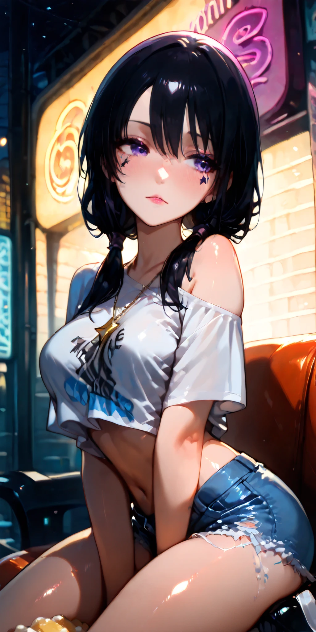 tamura yuri (watamote) reclining in a dimly lit environment, wearing a revealing outfit with intricate tattoos. the image also shows a beautiful young girl with pale skin ,illustration,Harajuku street scene, trendy shops, neon lights flashing, pedestrian traffic.a girl,slim, colorful double, delicate and petite face, fair skin, deep and agile big eyes, personalized eye makeup, bright pink lipstick, serious expression on her face. and her hair is styled in a messy, messy manner. Loose crop exposed short cartoon letter T-shirt, ripped denim shorts with metal chain and colorful cloth strips, thick soled sponge shoes, multi style necklaces, colorful wristbands and rings, trendy and personalized atmosphere, with some objects visible in the background. the style is detailed and semi-realistic with a focus on the character's expression and the texture of her outfit. 1girl, solo, unrivaled beauty, low twintails, hair between eyes, purple eyes, eyelashes, ufotable, star (symbol), a bare shoulders, light blush, medium breasts, black hair, shiny skin, looking to the side, half-closed eyes, skindentation, medium hair, slim hips, fit female, skin tight, light lips, vivid eyes, beautiful eyes, beautiful face, beautiful hair, (((best quality))),(((ultra detailed))),(((masterpiece)))