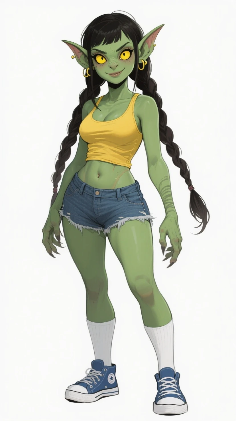 1 girl, small, goblin girl, female goblin, goblin, (green skin), ((large ears)), full body, jeans hot pants, (((short black hair))), ((small chest)), ((wide hips, thick thighlat )), Mature looking, (((Full body))), by front, hands on hips