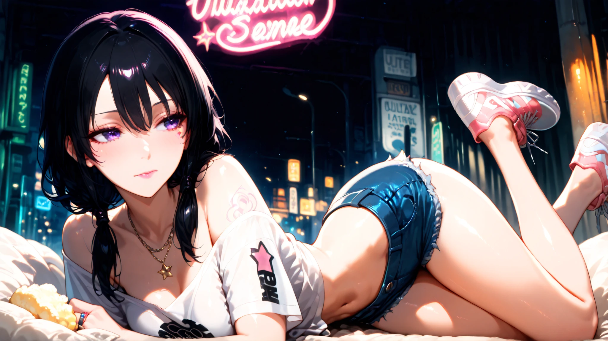 A woman wearing a white bikini and headphones、A beautiful night view behind、Big Breasts、sexy、Indoor pool with a night view、Moonlight、Unbuttoned、Downlight、full moon、Stylish interior、Ruby Eye、Woman lying on a vinyl boat