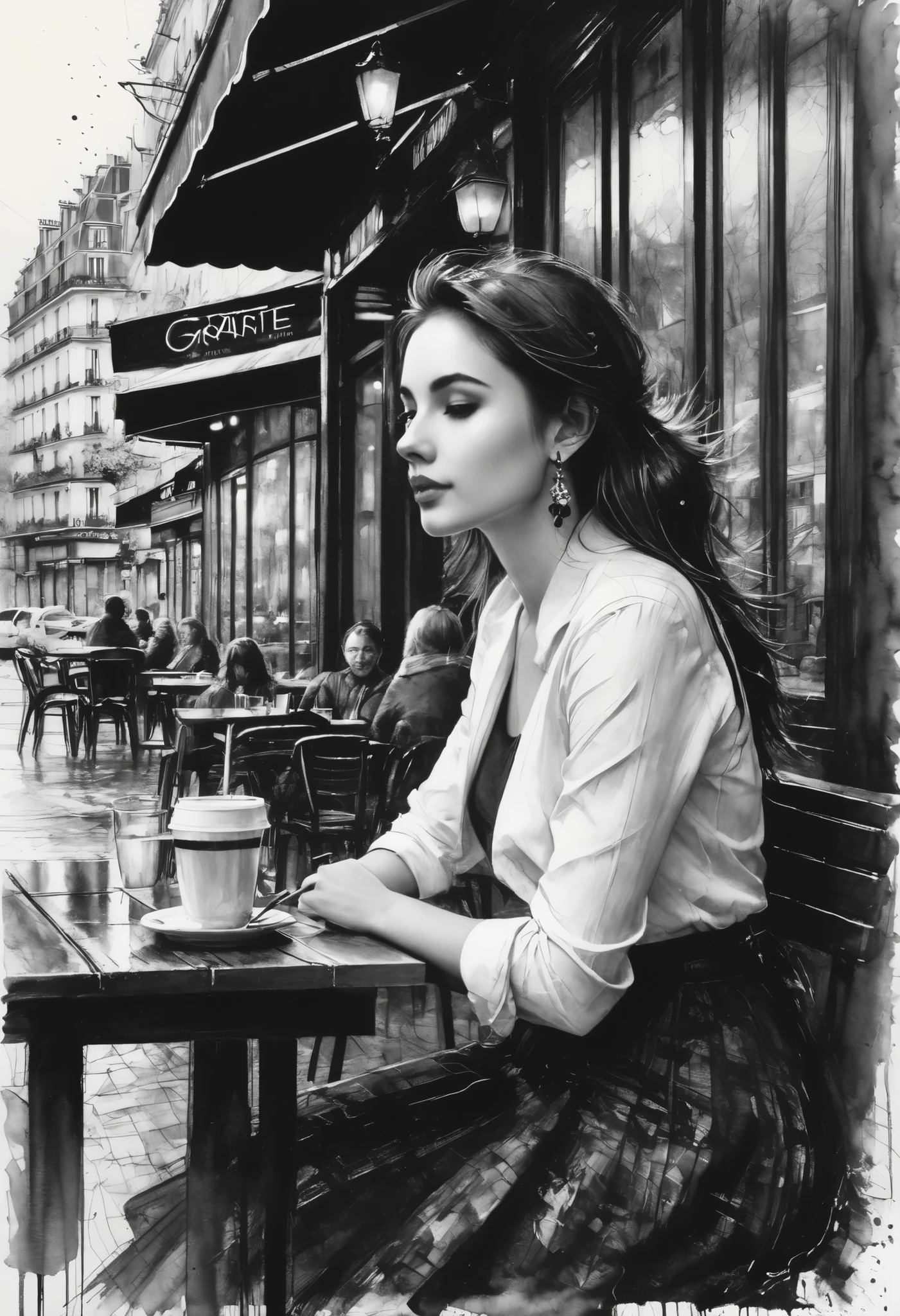  charcoal drawing , crayons, black pencil drawing, pencil drawing, black and white drawing, desenho a grafite,
poster, close-up, full length,  beautiful young woman sitting in a Parisian street cafe,  portrait of Willem Henraets , watercolor flower earrings,  wet-on-wet technique and splashes , centro, perfect composition, Abstraction, surrealism
 charcoal drawing ,   painting in the style of artists like Russ Mills , sakimichan, Vlop,
Leush, germe de arte, Darek Zabrocki e Jean-Baptiste Monge,