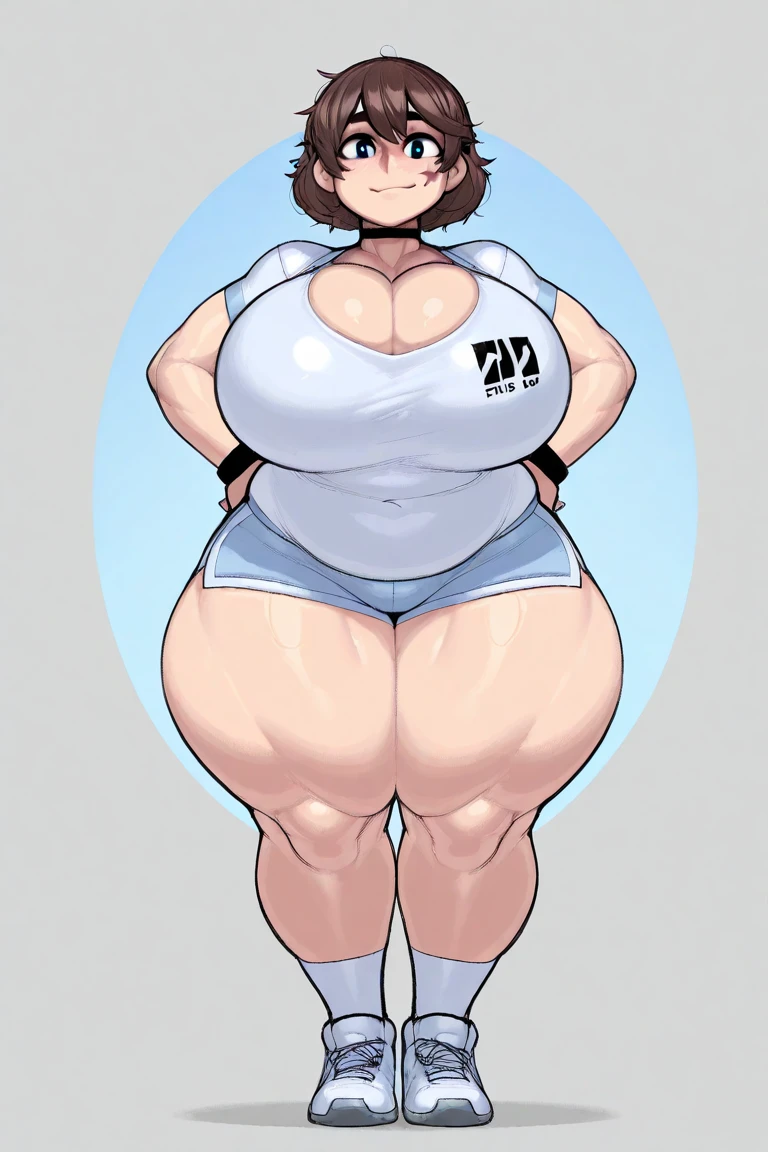 masterpiece, highest quality, High resolution, One girl, solo, sexual intercourse, Pornographic images, short hair, etsukoto, brown Eyes, fine grain, fine grain, (((Thick thighs, Plump thighs, Voluptuous thighs, Thighs alone are enough))), ((Huge and ample breasts, Cleavage, big long breasts)), Naughty big,((big breasts are important))、((Naughty thighs)), L Cup, (thin:1.4),(Tight waist:1.4), (completely nude:1.4), (((Simple Background))), ((Wide Hips)), Shiny, Oily skin, Mature mother, Calf, Seductive mature woman, milf, Perfect body, Plus Size Model, curvy, ample, etsukoto, blush, clavicle, retro artstyle, 1990s (style), (thick thighs:1.4), arms up, (from side:0.9), Push your pussy forward, full body, feet,