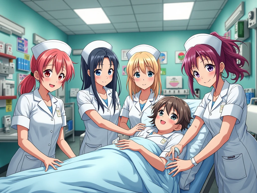 three girls in green dresses are sitting on a bed with a toothbrush, ecchi anime style, bakemonogatari, at the hospital in patient gown, in the bedroom at a sleepover, higurashi, ecchi style, bottom angle, gainax anime style, rule 34, nursing, an alien robot naughty nurse, inspired by Rei Kamoi, official fanart