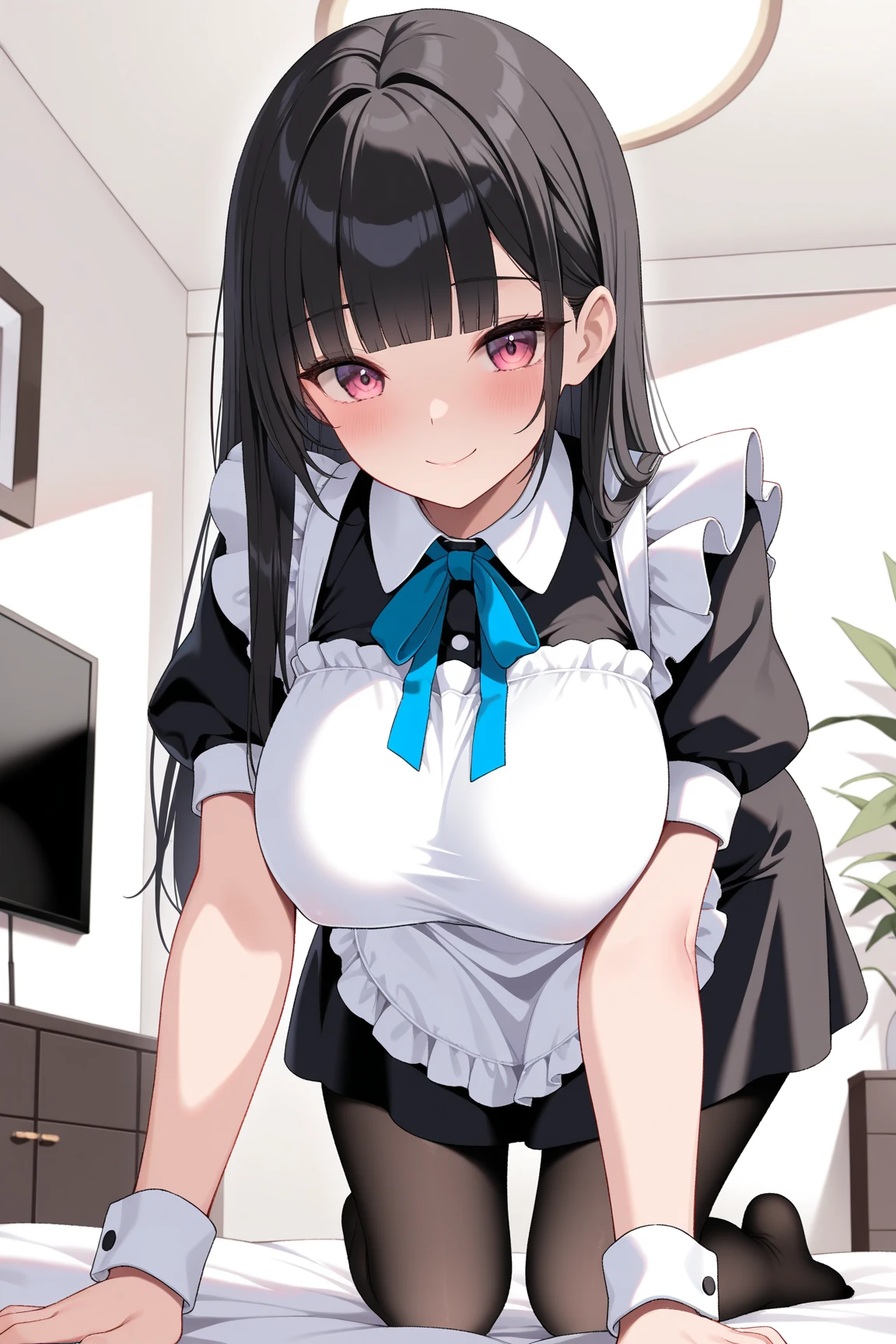 intricate detailed, detailed skin, detailed hair, 1girl, original,
black hair, straight hair, hime cut, beautiful black eyes, shiny skin, huge breasts, chubby,
upper body , looking at viewer, embarrassed, black micro bikini, black frilled bikini, BREAK, white maid headdress, standing in living room, from below, ground level shot,
best quality, masterpiece, absurdres,