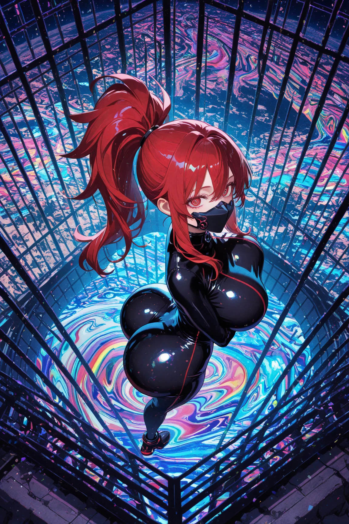 best quality, ultra-detailed, best illustration, masterpiece, high res (1girl:1.3), ((solo)), (perfect anatomy) (perfect face), ((anime girl)), (((1girl)))), (((solo))), ((((alone)))) medium dark brown hair, ((((fully enclosed smiling mask)))), (((faceless))), (((glowing red eyes))), ((((brown skin)))), wide hips, huge breasts, narrow waist, thick thighs, standing in a dark room, ((flat chest)), (((full body skin tight white and red suit))), ((((being held in the air and fucked by blue glowing tentacles)))), (((penetration)))