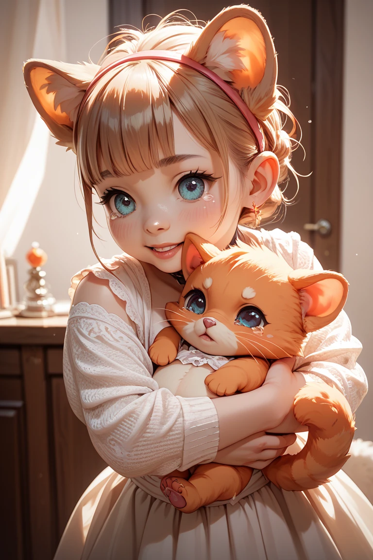 Close up,a Pixar-style (little girl kisses a very huge Orange Garfield cat:1.2) with an outfit made of cheese only,the cat body bigger than the girl, in an anime style, in the style of zbrush, i can't believe how beautiful this is, realistic renderings of the human form, pseudo-realistic, luminous palette, minimalist illustrator, realistic figures,imagination, visual impact, Unreal Engine 5 rendering, skin subsurface scattering, high sampling, high pixel count, extreme facial detail, AAA level, film lighting, expensive commercial retouching, commercial post production studio lighting,3D animation style, field effect, 8K