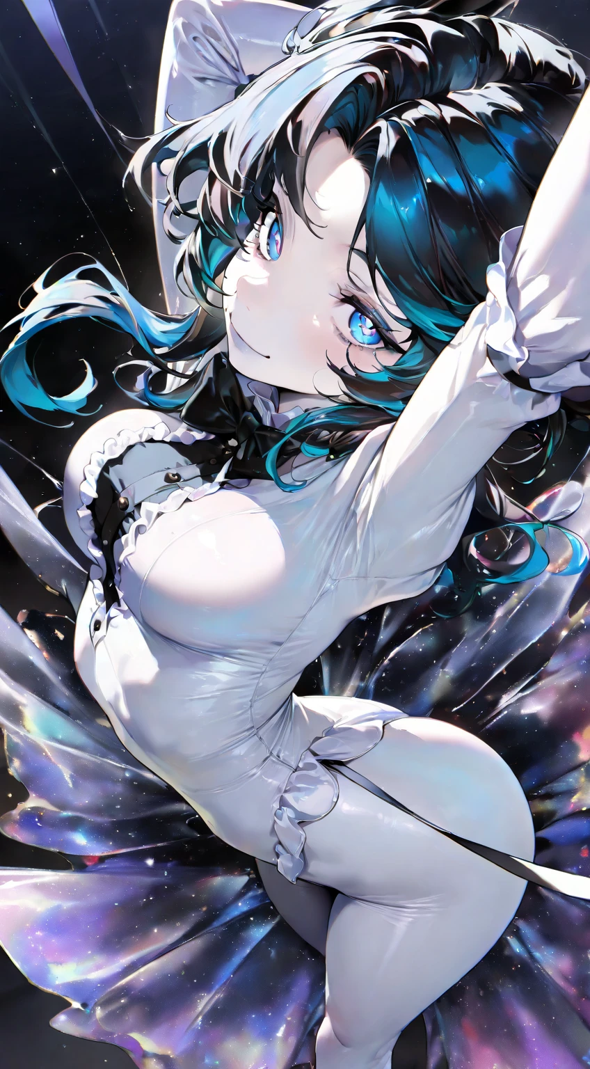 beautiful, masterpiece, Highest quality, anime, One girl, C Cup,Portrait Shot, View your viewers, Covered、Medium Hair、nearby、Blue Eyes、art、、White hair,Blue streaked hair、wallpaper、Cute smile、Thighs、Cute、bed、Beautiful breasts、Sci-fi full harness、valley、、Sweat、Armpit、Lying on your back、