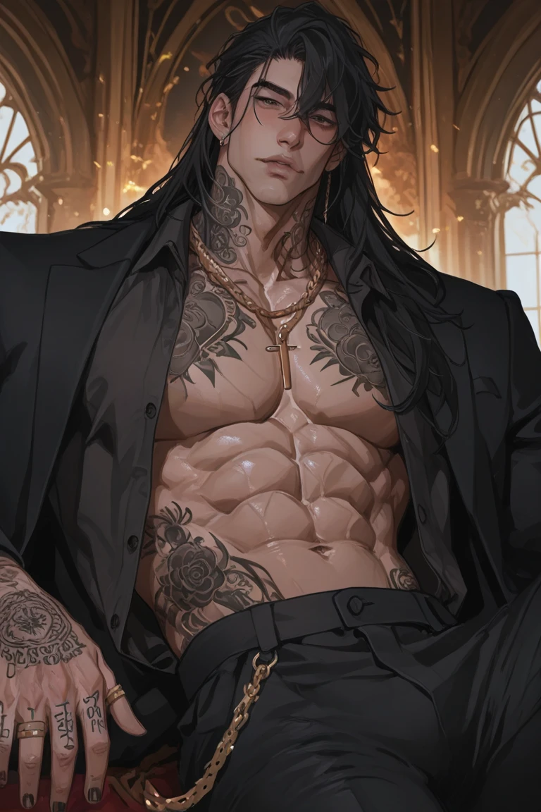 Young guy, Coiling hair, карэ, violet eyes, Ritual tattoos on the body, leather trenchcoat, pants, open torso, smirk, cane, Masterpiece, highly quality