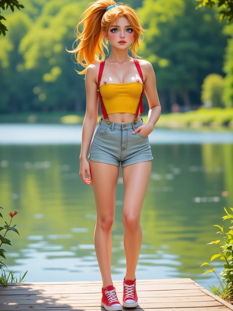 Silky orange hair, long slender legs, large hips, exposed shoulders