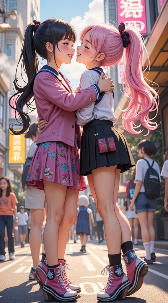 1girls, (Masterpiece:1.1), (Best quality:1.1), (White blouse:1.1),  break [blue:Pink:0.5] theme, Cowboy shot, all-body，Side view，Look at the audience，Cracked pink hair,slong hair,exquisite facial features，Blue eyes, Wear white flowers on your head，White top，Denim miniskirt，White sneakers，standup，street