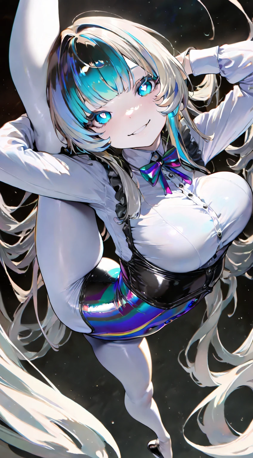 high quality,best quality,masterpiece,4k,8k,(((black bunny girl costume girl))),black bunnygirl suit,high leg costume,groin covered with black stockings,show off groin covered with black stockings,costume with white collar,eighteen years old girl,great figure,large ,blight pink bowtie,looking at viewer,light blue hair,pale pink inner hair color,length to shoulder twin tail hairstyle,white bunny ear headband,((all legs coverd with black stockings)),blush,(casino),grabs four cards,lean against casino table