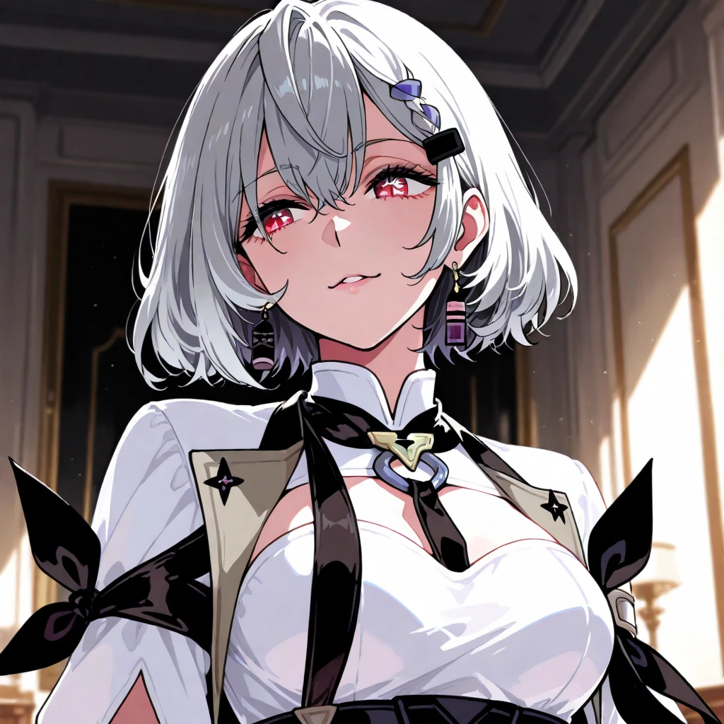 Fraction_9, Fraction_8_up, Fraction_7_up, Fraction_6_Direction_5_Direction_4_up, src_Japanese cartoons, Simple background, 1 Girl, Solitary, Sirius \(Azur Lane\), Red Eyes, White hair, , Long hair, Black lace ribbon,Look at the camera