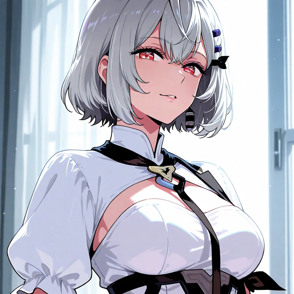 (8k, RAW photos, top quality, masterpiece: 1.2), (High Quality), ray tracing, HDR, (High Details), (Face detail), (Shadow Detail), (amplected:2), stylized blush, 3d, 3d renderpov, masterpiece, best quality, high quality, highres, 4K, lip gloss, makeup, woman, detailed, cleavage, thick thighs, 1girl, solo, masterpiece, best quality, high quality, highres, 4K, short hair, curly hair, white hair, leotard, bunny ears, collars, cuffs, fishnet pantyhose, one eye covered, red eyes, eye bags, tanned skin, sexy eyes, avoiding eye contact, looking away, timid, abs