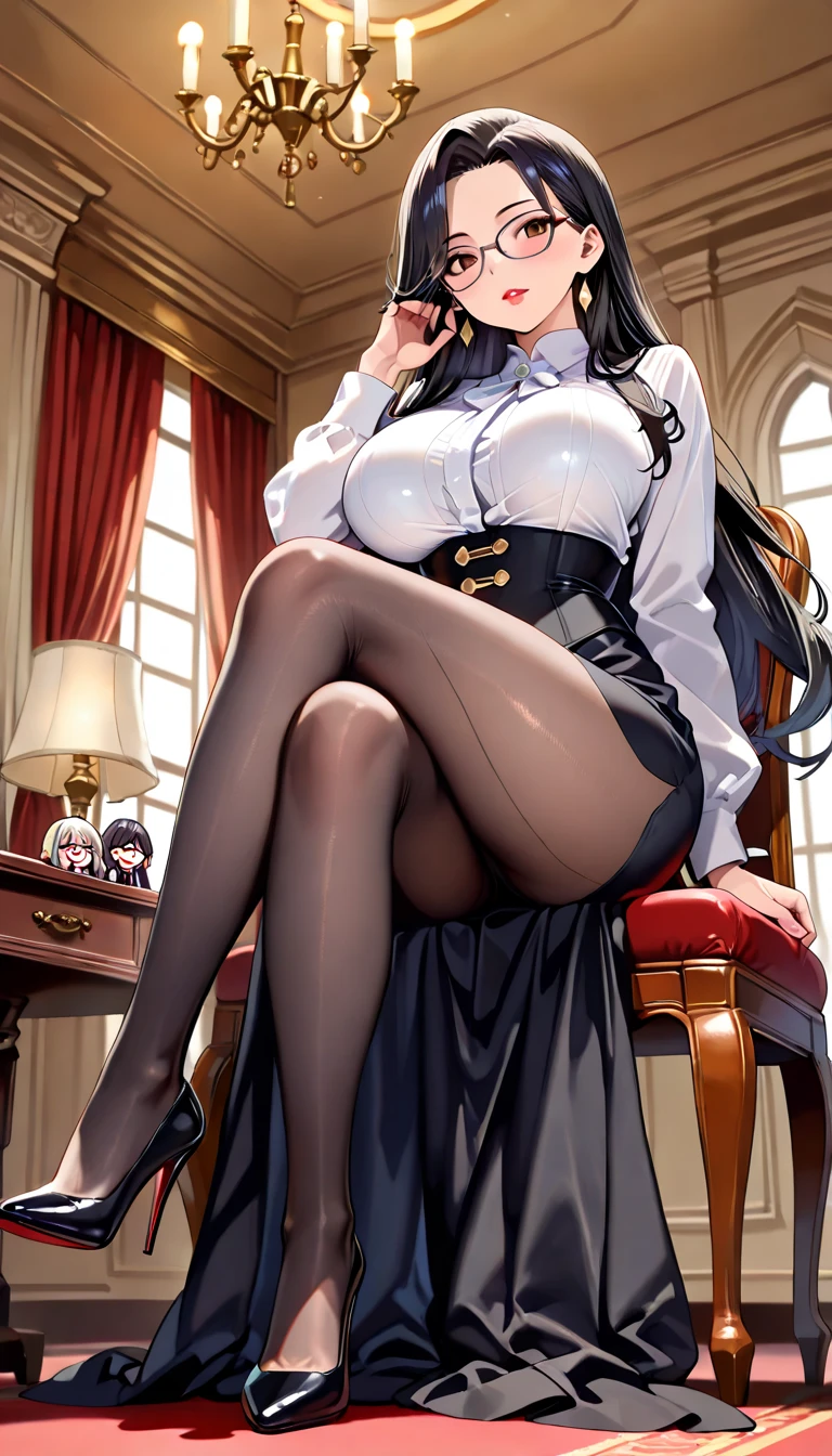 Masterpiece, (ground Level Shot), (single woman), (only 2 legs), sitting on a bed, her hands are on her thighs, (hands on lap), hands touching, knee-length skirt, A-line skirt, yoke skirt, knife pleats skirt, high waist skirt, (high heels), (6 inch heels), black heels, 2 legs together, shirt with buttons and short sleeves, big breasts, black hair, ((dominatrix)), her expression is dominating, mouth closed, amused smile, straight back, 20 denier black stockings, sitting straight, (both feet on the ground), hair until waist, (middle-aged woman), (legs not crossed), relaxed sitting position, (sitting with knees together and feet together), feet together, knees together, adult female age 35, woman in her thirties, 35-year-old woman, middle-aged woman, mature woman