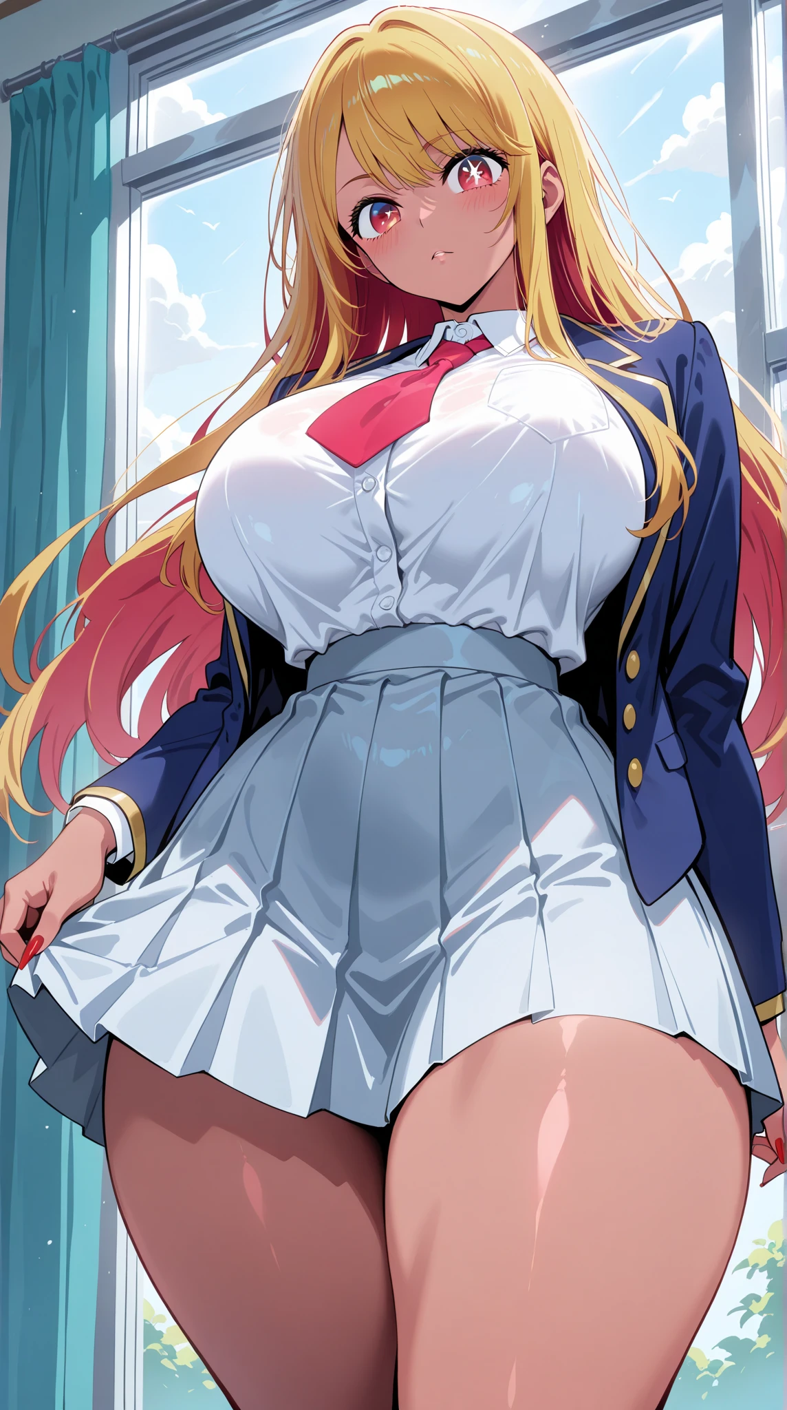 shoujo-style, romance manhwa, edgElegant, wearing edgElegant, (ultra 8k cg, picture-perfect face, perfect face, beautiful face, masterpiece, high quality, best quality, flawless, clean, professional artwork, famous artwork), (heart shaped), gyaru, waruochi, BREAK 1girl, hair ornamnet, wavy hair, very long hair, hair intakes, floating hair, glowing eyes, shiny glossy skin, oily skin, gleaming skin, (underboob:1.2), navel, midriff, hands on waist, (epaulette:1.2), miniskirt, pleated skirt, (magical girl uniform:1.2), long sleeve, skirt, military cap, grin, smirk, extremely thick lips, extremely long eyelashes, (huge breasts:1.3), wide hips, thich thighs, narrow waist, (chubby, plump), big belly, cameltoe, (from below:1.3), earrings, jewelry, golden