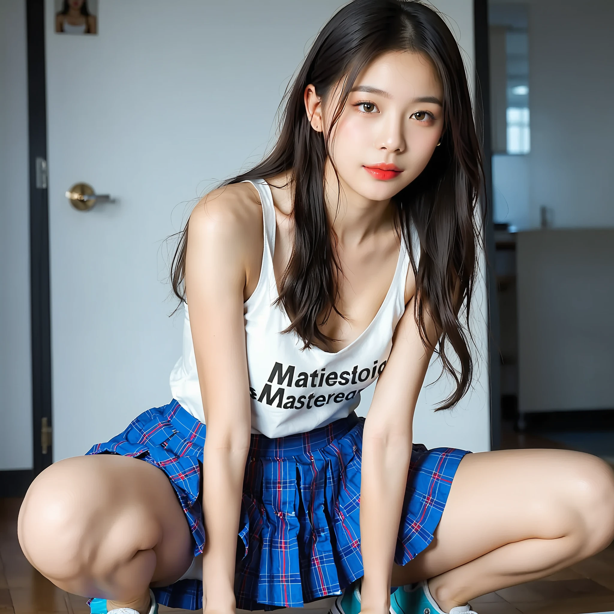8k, RAW Photos, highest quality, masterpiece:1.2), masterpiece, highest quality, shape, Very detailed, Fine details, High resolution, 8k,wallpaper, Perfect dynamic composition,(High quality with attention to detail, Realistic depiction of eyes:1.3)、Hands tied、A woman tied up、Put your arms around my back, Tie your hands behind your back, Sitting on the bright gym floor with feet together and knees bent、with legs wide open,、Tartan Check Pleated Skirt、whole body、White panties、The whole is facing forward、２１talent、beauty、Well-formed face、Even out the eyes、Beautiful black hair、Bangedium Build、Balanced proportions、Beautiful feet、Short sleeve blouse、Fresh Face、Beautiful views、