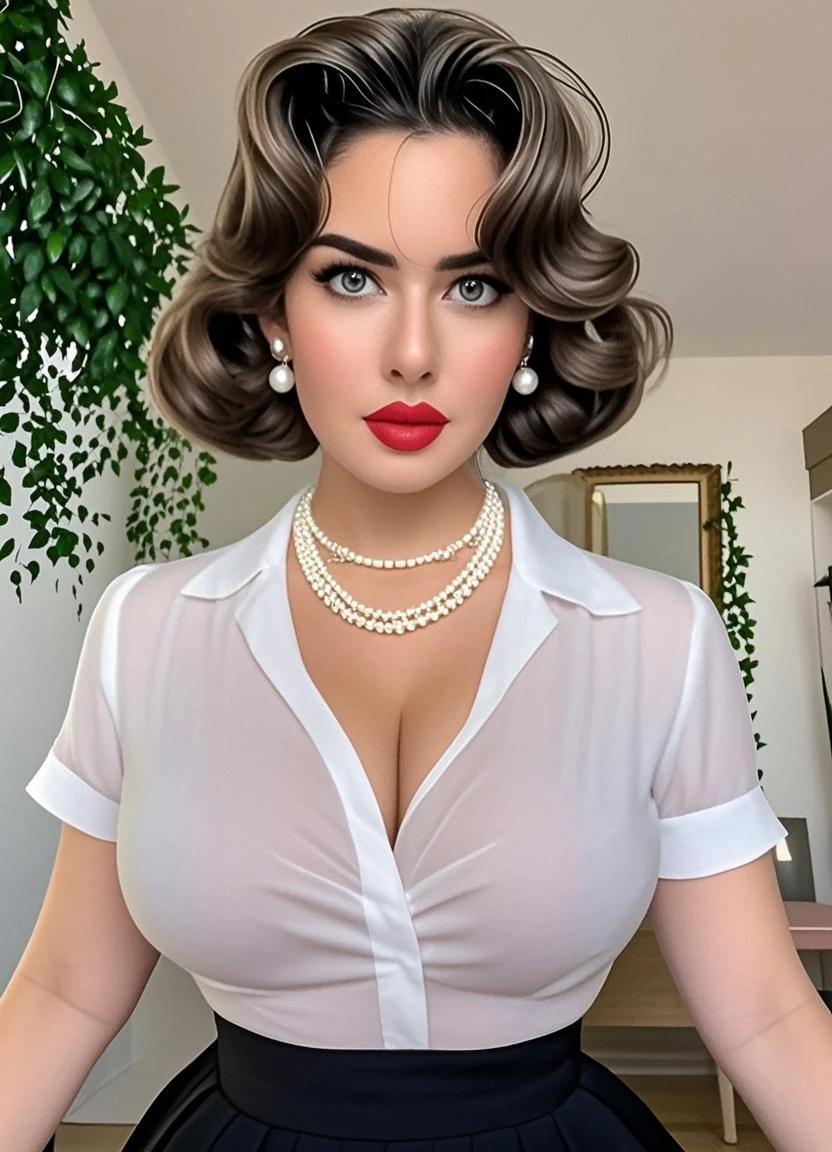 2 heads,Portrait of a 60 year old woman with brown hair, a captivating gaze, Brown eyes, Wrinkles on her face, Black pantyhose,She wears very sexy lingerie that reveals her big sagging breasts, Light makeup and red lips. 32K
