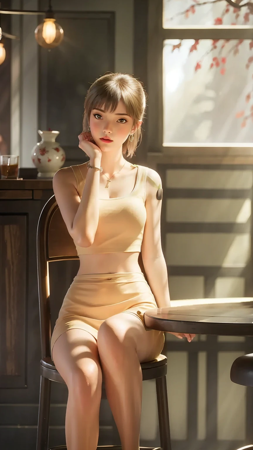 waist up, looking at viewer, natural skin texture, 4k textures, soft cinematic light, intricate details, elegant, highly detailed, sharp focus, soothing tones, exposure blend, hdr, faded, hyperdetailed, backlighting, 85mm, close-up, best quality, (photorealistic:1.2), analog style, (cinematic look), blonde, green eyes, bob hair, 1girl, glowing skin, blush, upturned eyes, cleavage, premiere dress, sitting on a chair, sitting on designer chair, elegant seducing pose, sexy dominant pose, seductive seated pose, ((arms behind back))