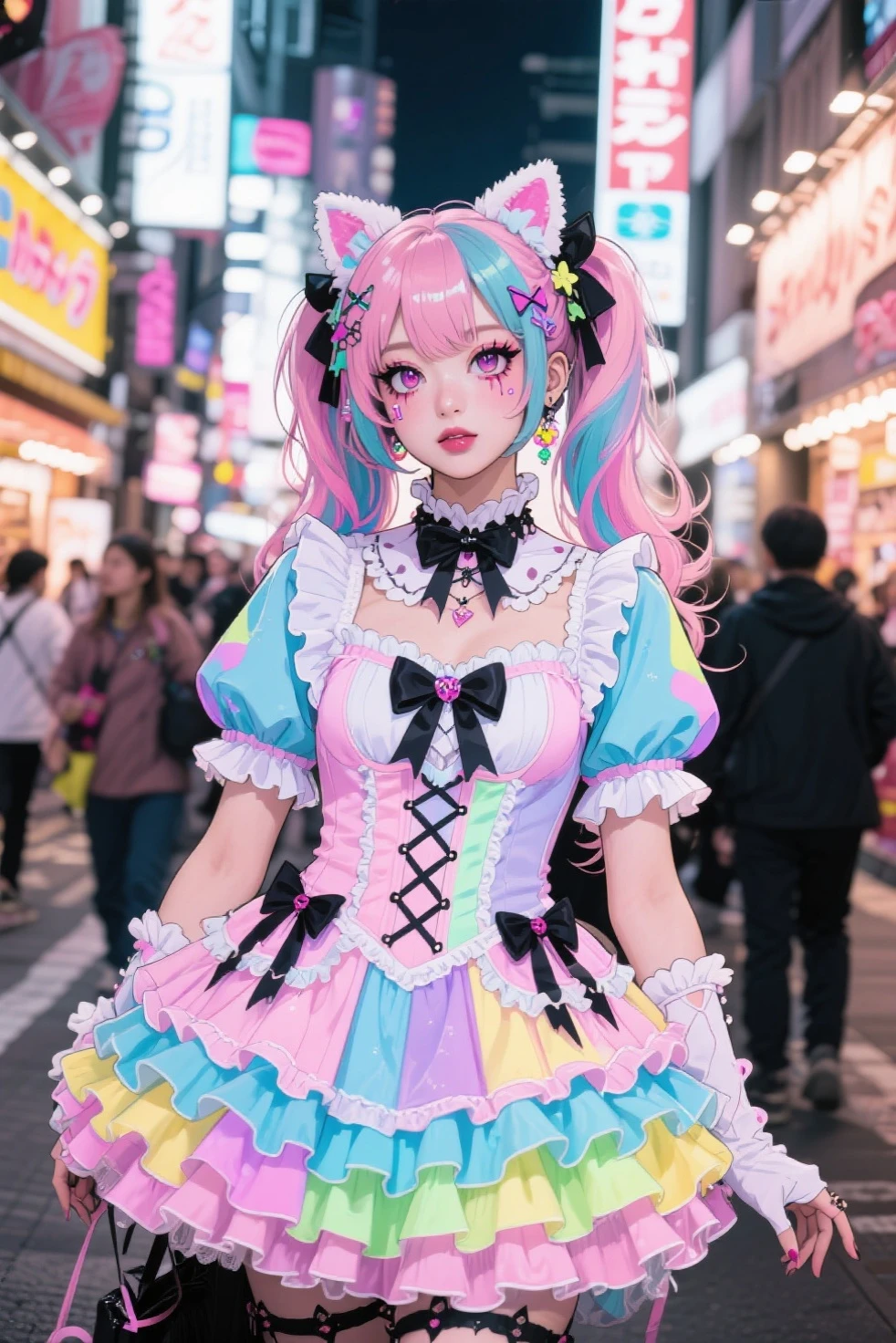 (masterpiece), Highest quality, Perfect Face, 8k, Cute Girl, Laughter of joy, ((Rainbow Hair)), (Curly Hair), (Human face), [Medium chest], Waist:1.3, Long legs, 
break, 
((Layer up with colorful accessories)), Pastel designer heels, (Mismatched thigh-high socks), (Oversized Bow), (Statement Decora Fashion), (((Lots of cute accessories))), Characters appearing in Harajuku-themed fashion features in famous magazines, break, (((The photo shoot、It will take place against the iconic Harajuku backdrop))), Capturing the essence of the district&#39;s diverse fashion culture, Ultra low angle,Realistic Flesh,The bite is clear,Stylish panties,Realistic panty wrinkles,High resolution, Maid Head Accessories, Sparkle Effect, Glamorous Body,One girl, 