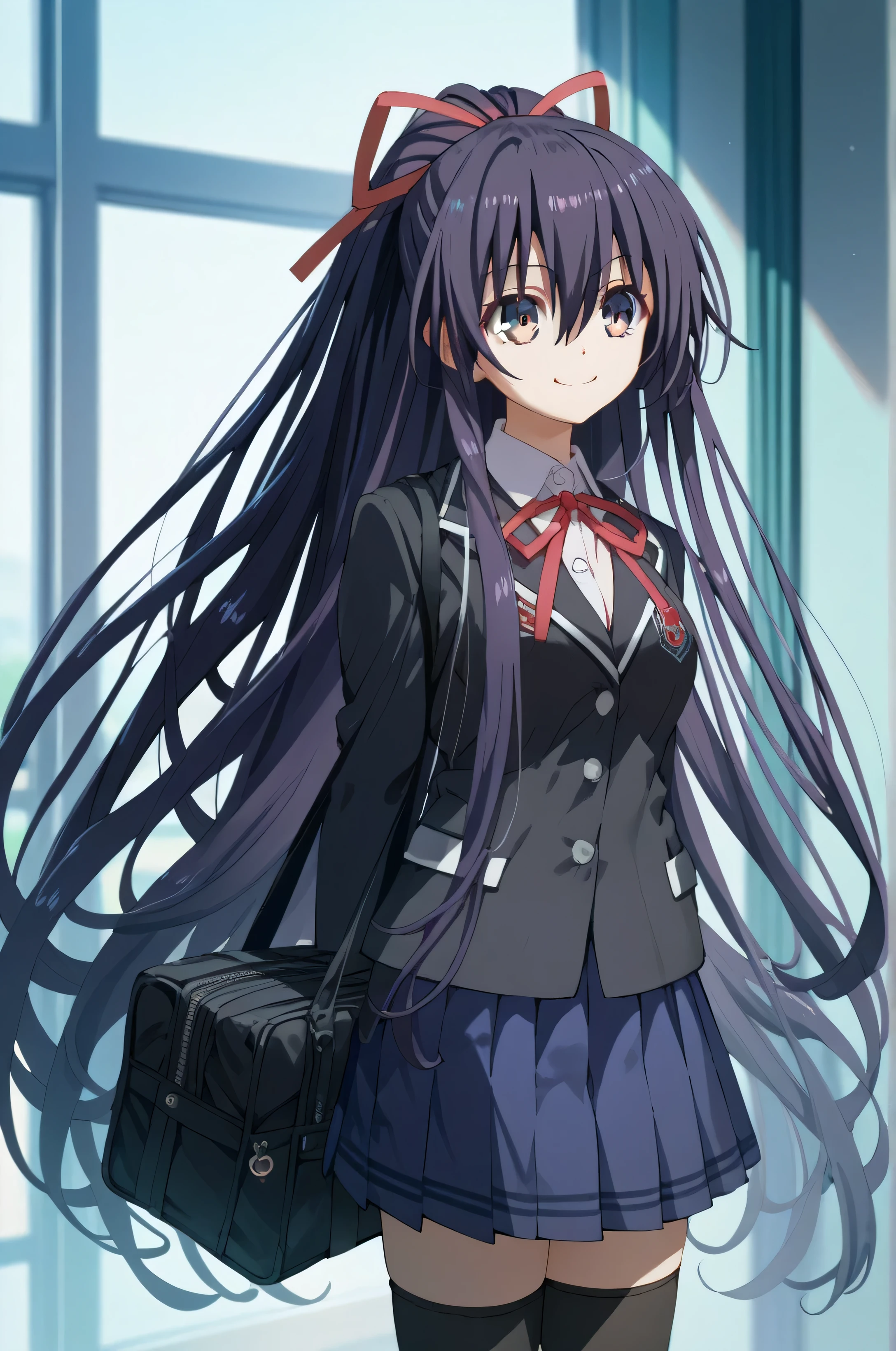 1girl,solo,tohka yatogami,long hair,school uniform,ponytail,medium breasts,very long hair,hair between eyes,ribbon,skirt,black thighhighs,hair ribbon,smile,hair ornament