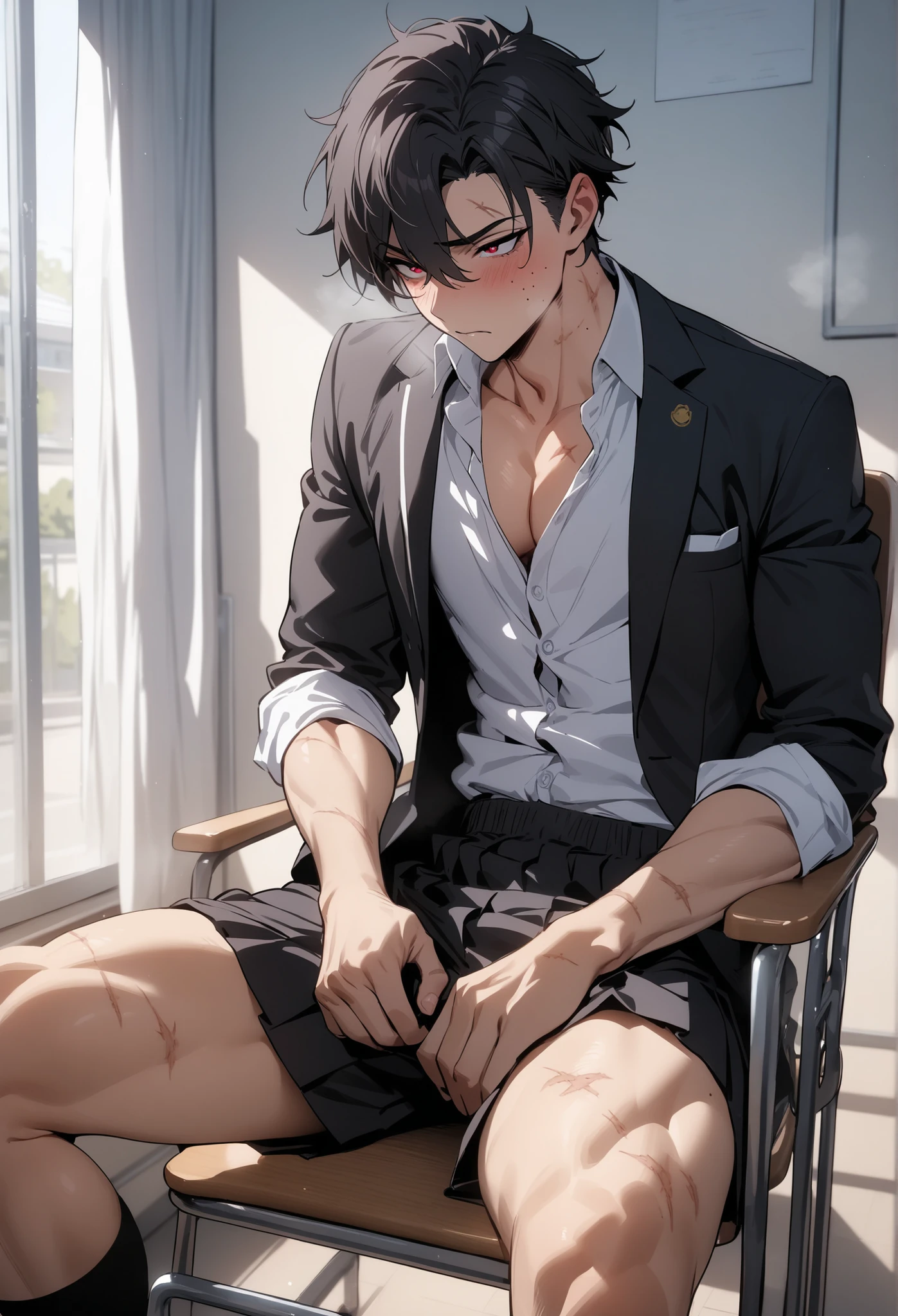 ultra detailed image. porn. nudes Male Focus NSFW Anime Styles. Man with lab coat. 30cm large penis. big testicles. Scenery of a dark gray room with polished and polished walls with an ultra polished and polished silver table. Research Board in the background. A strong muscular little bearded adult. sitting with legs spread out. 50 years old handsome and seductive heartthrob. he's naked. goatee on chin muscular man beautiful medium hair with bangs. Wearing a loose, flowing brown coat. ultra-shiny and polished bronze bracelets. cloaks covering the brown body with pen in pocket, Brown hair. Light beige suit under coat. Covered chest. handsome human male detective.He is naked. Showing off his giant penis.
