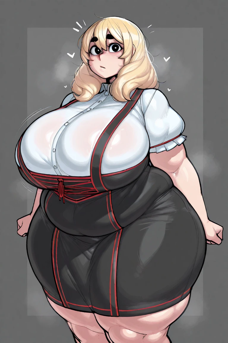 ((best quality)), ((masterpiece)), (detailed), (Realistic), (Vibrant), loungeroom, standing, housewife, white shirt, grey apron, black jeans, seductive anime Woman, mature woman, beautiful alluring anime woman, blonde hair, expressive eyes, happy eyes, smiling, happy expression, plump lips, rosey lips, hands on hips, curvy body, perfect body, medium breasts, curvy waist, large thighs, round breasts