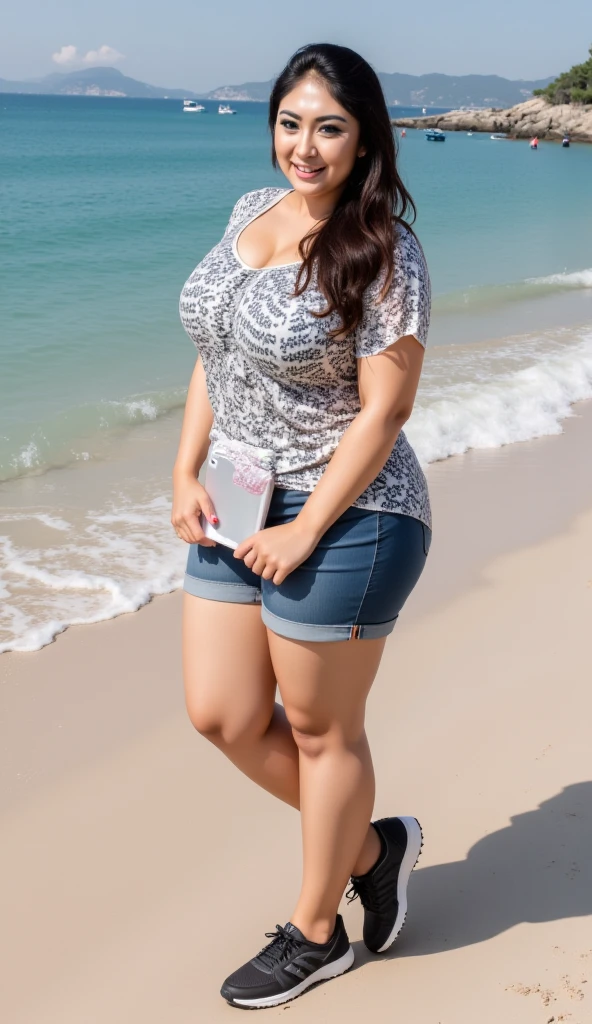 there is a woman in a skirt standing on a beach, beautiful thick female, thick body, violet myers, thick legs, thick thighs, standing at the beach, thicc, curvy model, wide hips, posing on the beach, thick thigs, skinny waist and thick hips, she has a jiggly fat round belly, standing near the beach, thick