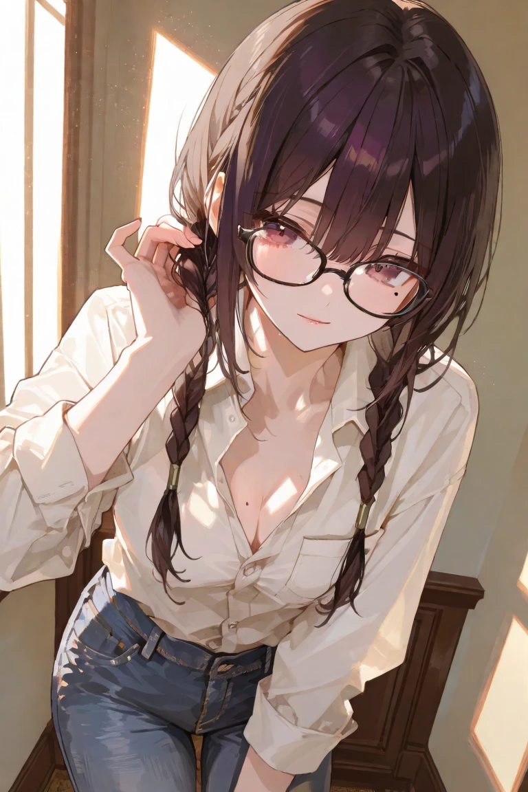 ((Highest quality)), ((masterpiece)), ((detailed)), (4K), nsfw, 1girl, 独奏, multicolored hair, side-tie panties, white T-shirt, glasses, medium breasts, spread legs, (looking down), (from above), looking at viewer, wet, sweat, blush, angry