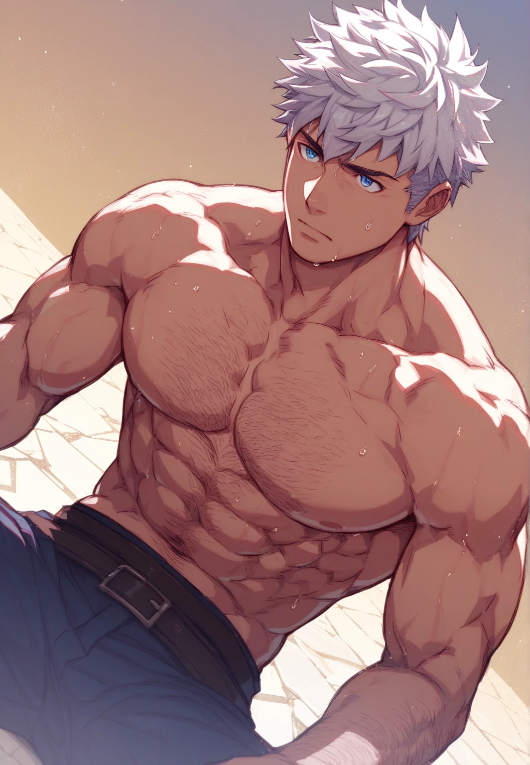 White hair,look at viewer,muscular man,long jeans,topless,pose