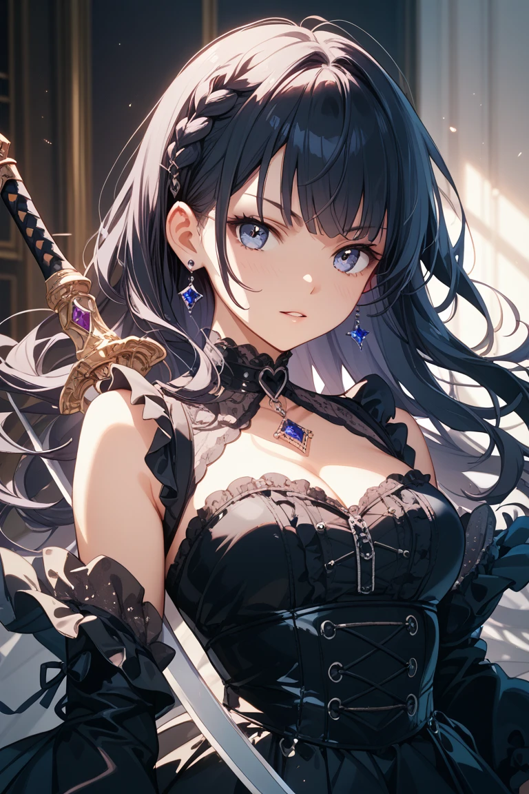 Maid outfit, sword, serious face, girl, cool, long black hair