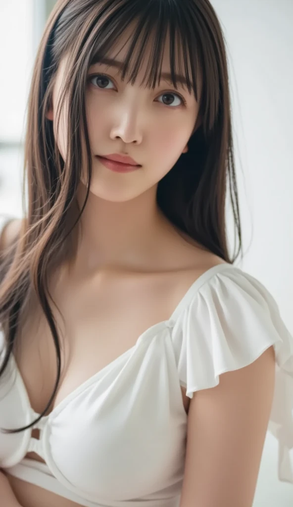 masterpiece、highest quality、cinema、(Detailed both eyes)、(cute japanese woman、bangs:1.3)、23 years old、2 girls、elegant、black hair、(auraroid photo:1.4)、(?????? cleavage:1.1)、Poland、lingerie