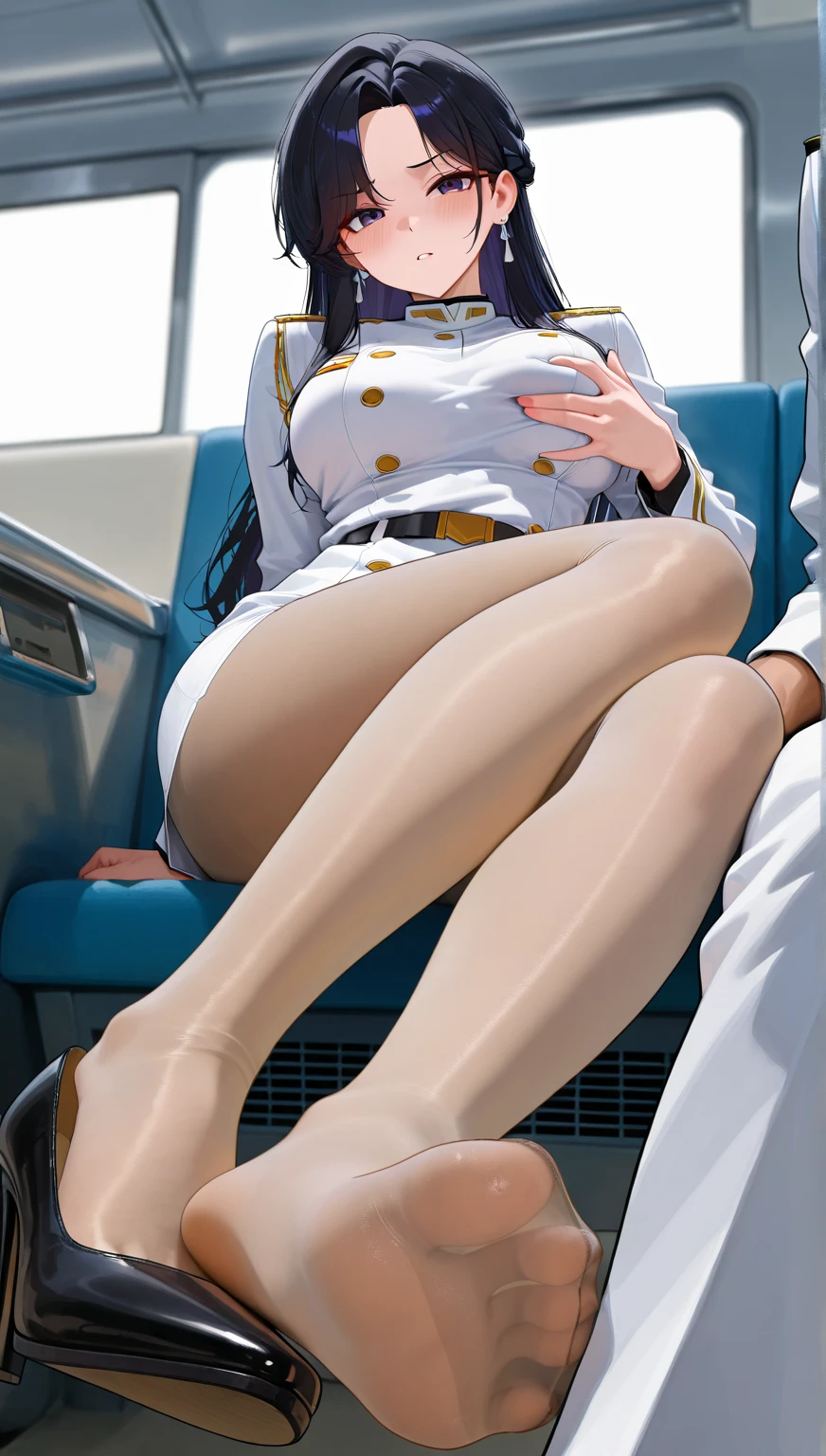 of the highest quality, masterpiece, ultra high resolution, (reality: 1.4), Photo original, A girl, maduro, White JK uniform, happy smile, , squatting on the train seat,  cinema lighting, open legs, tight clothes, Ahegao, marked nipples, wet