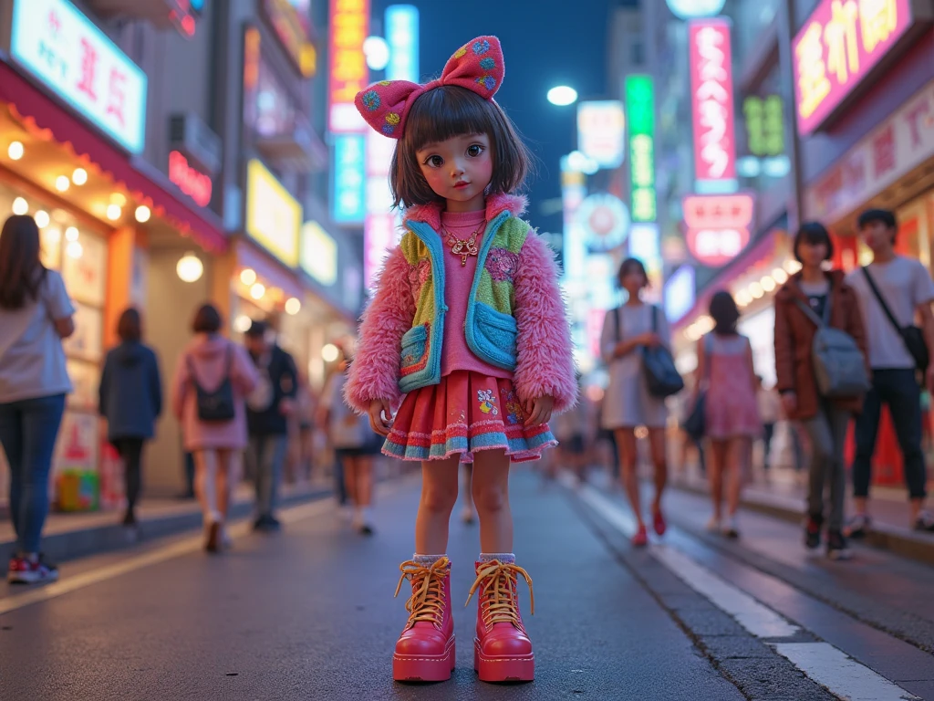 A little girl standing in a city full of neon lights。Hair tied in two、Wearing a pink dress