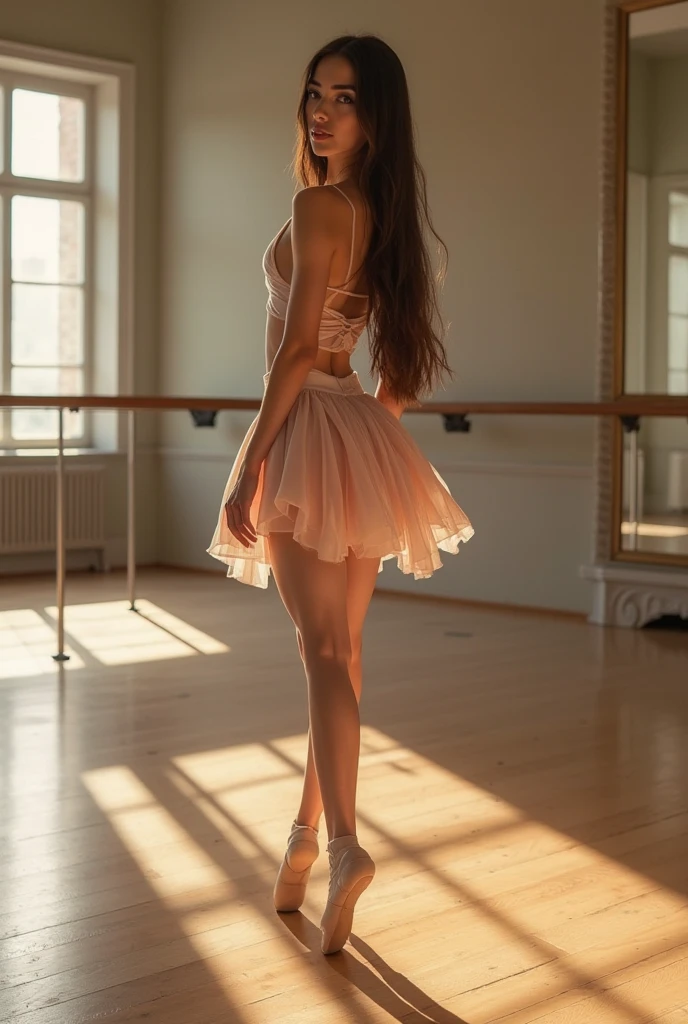 belle brune en tenue de danse couleur blanche avec de chaussures (debout dans une salle de danse ), extrêmement détaillé, 25 ans, visage innocent, cheveux noirs naturels, , haute résolution, Chef de&#39;ouvrages d&#39;art, Meilleure qualité, détails complexes, très détaillé, acuité, peau détaillée, Réaliste skin texture, texture, yeux détaillés, professionnel, 4k, Sourire charmant, tourné avec Canon, 85mm, Faible profondeur de champ, couleur de vision kodak, corps en parfaite forme, extrêmement détaillé, photo_\(ultra\), photoRéaliste, Réaliste, Post-traitement, détail maximum, rugosité, vrai vie, ultra Réaliste, photoréalisme, la photographie, 8K HD, la photographie,