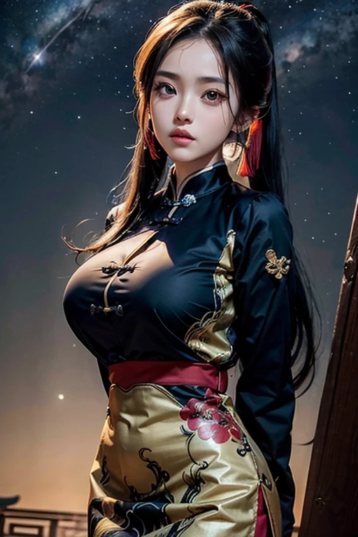 Masterpiece, Best quality,Samurai of Japan,1 female, Black hair with high ponytail, Bright eyes, heroic look, full body, Wear a Japanese katana, Japanese samurai costumes and ninja costumes are yellow, Black, yellow and red,splendid,Facial details, The face is delicate, large bust, cleavage, shoulderless, a view from above