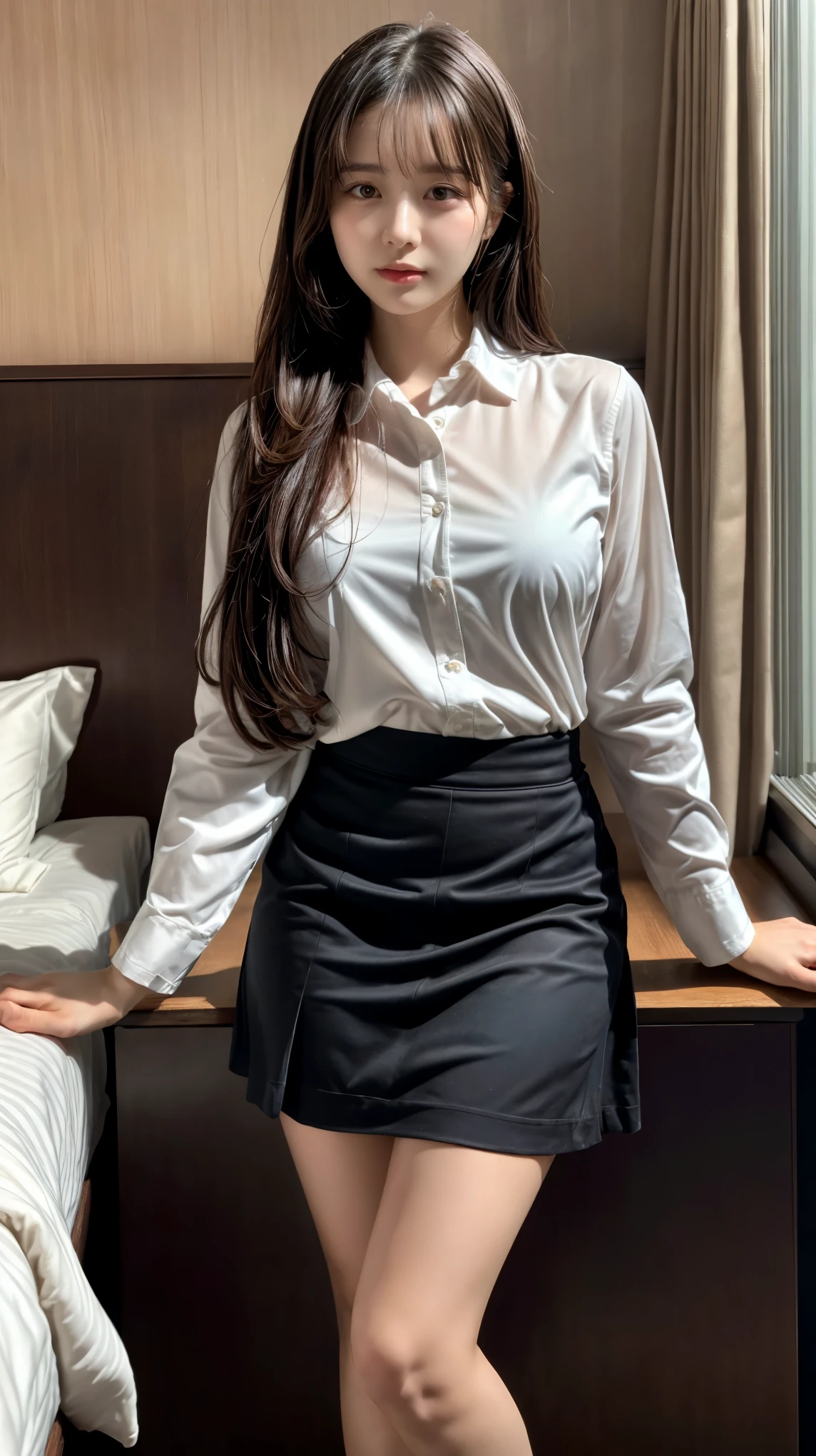 (Highest quality, 8K, masterpiece ), A 12-year-old junior high school student with a young face、 The eyes are large and clear、Black Hair、Wearing a beige mask:1.3、White Button Down Shirt、Glamour thighs:1.2、, Highly detailed face, double eyelid, Strong natural light、whole body、Sexy thighs:1.2、Side angle,Diagonal horizontal angle:1.2、Black Mini Skirt、On the bed、Rectangular frame glasses
