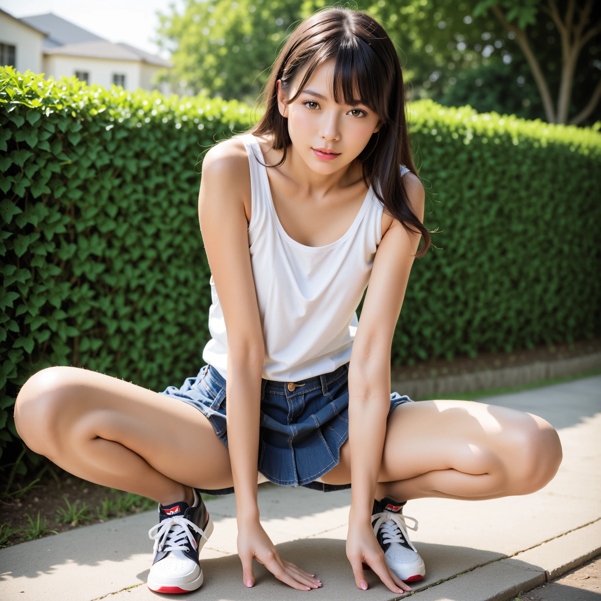 ((No clothes))、((Crouch)),(Completely naked)、Girl1people,Thick pubic hair,Small nipples、Slender body、Being thin、Long, slender legs、With legs apart,MCharacter splits、Focus on the vagina、Focus on the vagina、loafers,Young face、bangs,A small smile,Thighs,knees,Low ponytail with barrette,,school bag,From below,Front light,garden